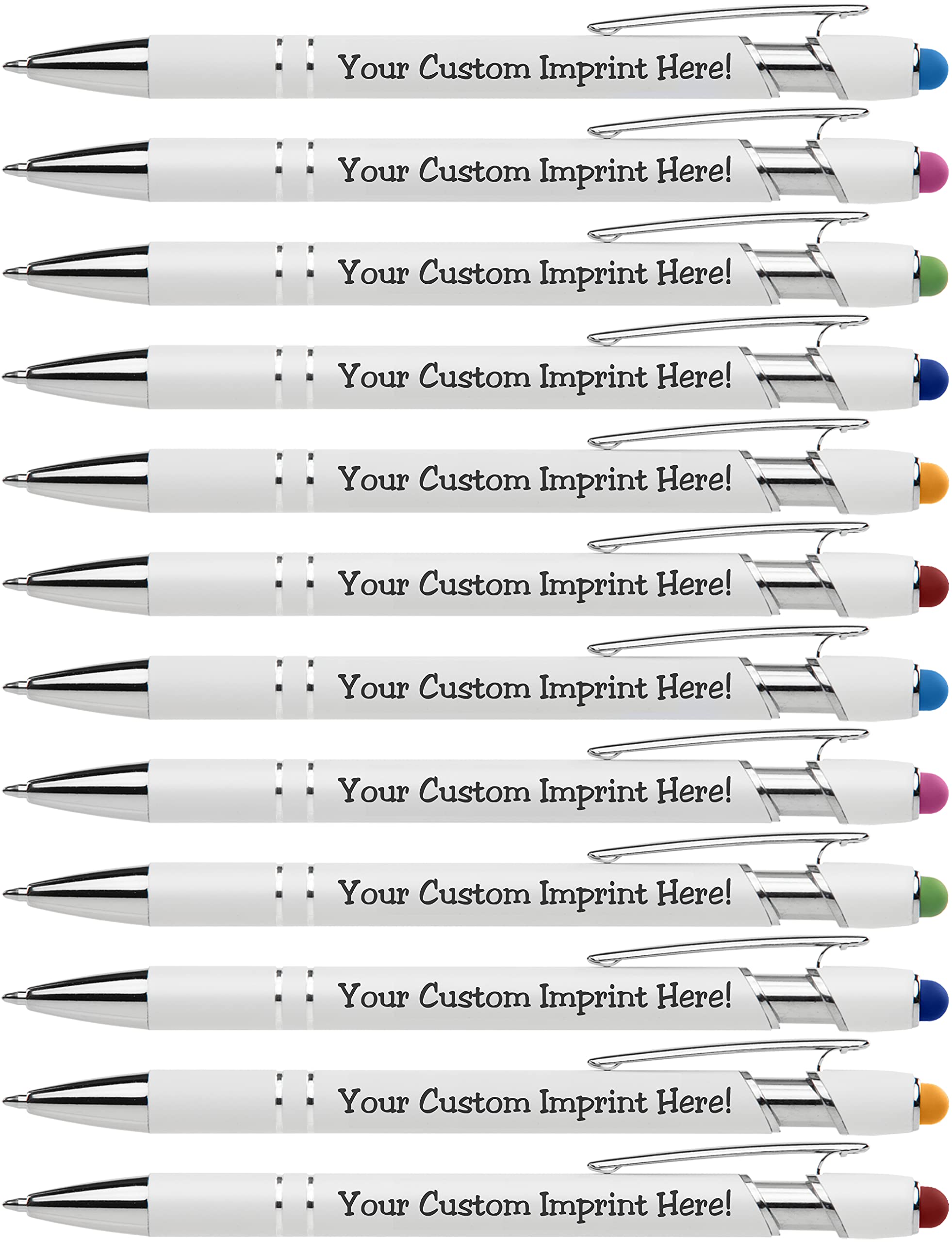 ExpressPen™ - Premium Custom Pens with Stylus | Beautiful White | Personalized Soft-Touch Metal Printed Name Pens w/Black Ink - Imprinted w/Name or Message - 12 pack (Assorted)