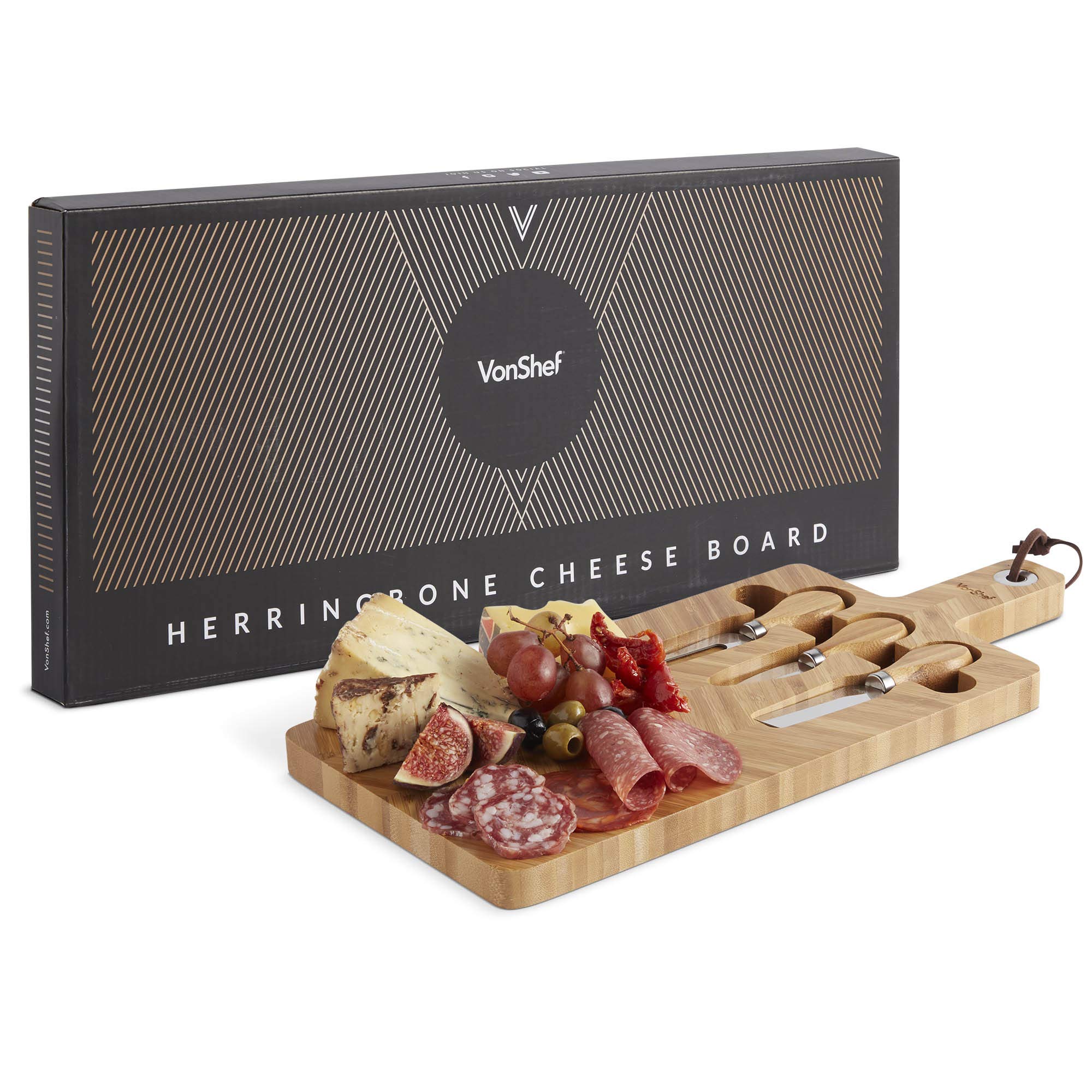 VonShef Cheese Board & Knife Set – Herringbone Acacia Serving Tray – Charcuterie Platter – Ideal for Christmas, Housewarming and Birthdays (44.5 x 22 x 5cm)