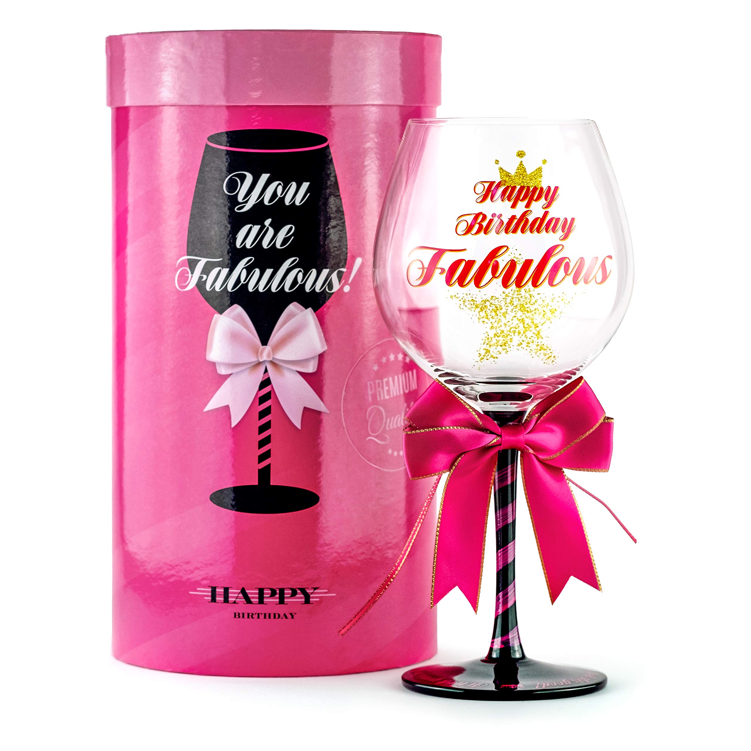 Happy Birthday Wine Glass for Women | Fun Gift Idea for Best Friend, Sister, Mom, Grandma, Aunt, Mimi, Teacher | Fabulous Any Age Bday Girl Present for Her | Big 23 oz Gold Glitter Decorated Glassware