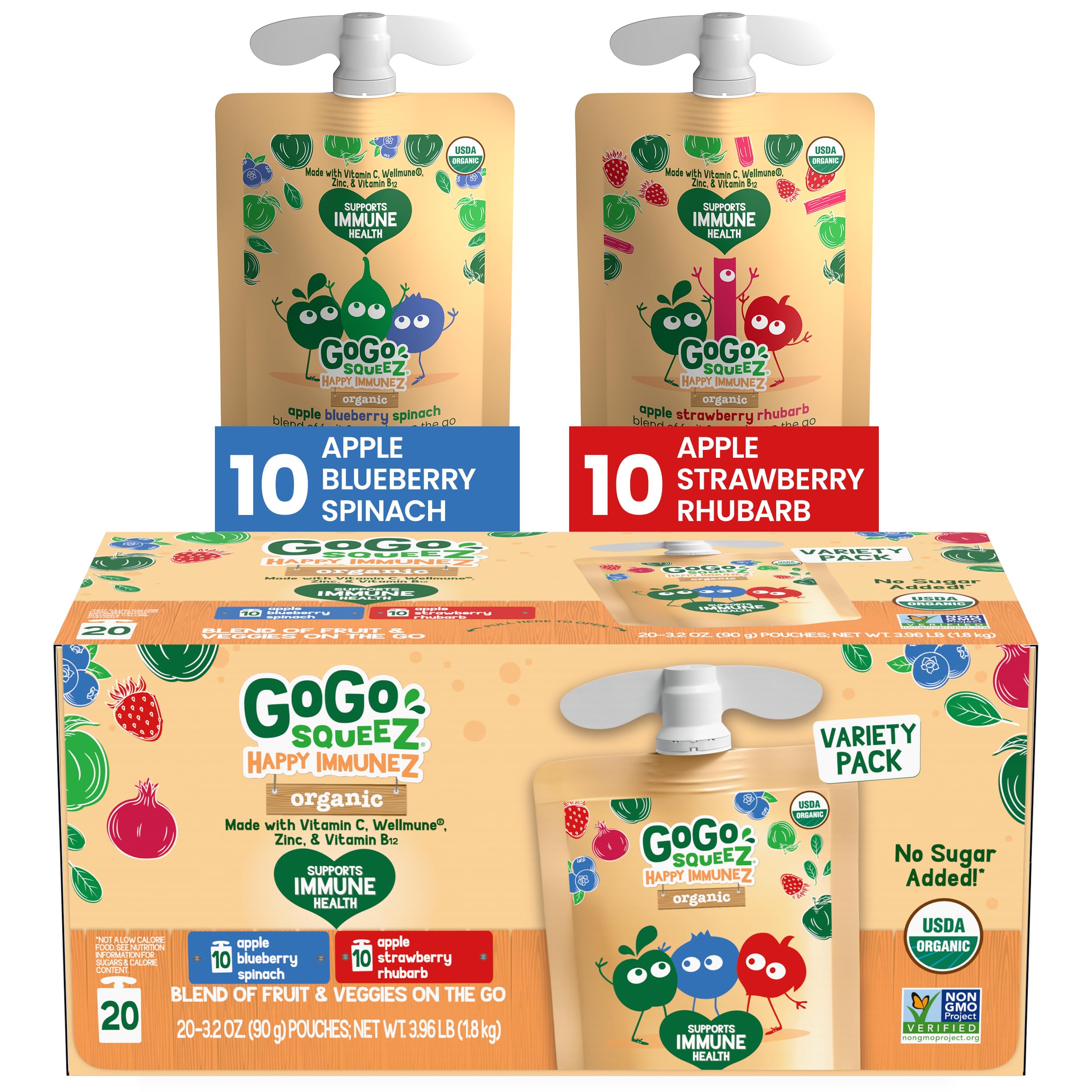 GoGo SqueeZHappy ImmuneZ Variety Pack, Organic Apple Blueberry Spinach & Apple Strawberry Rhubarb, 3.2 oz (Pack of 20), Kids Snacks with Prebiotic Fiber, Gluten, Nut & Dairy Free