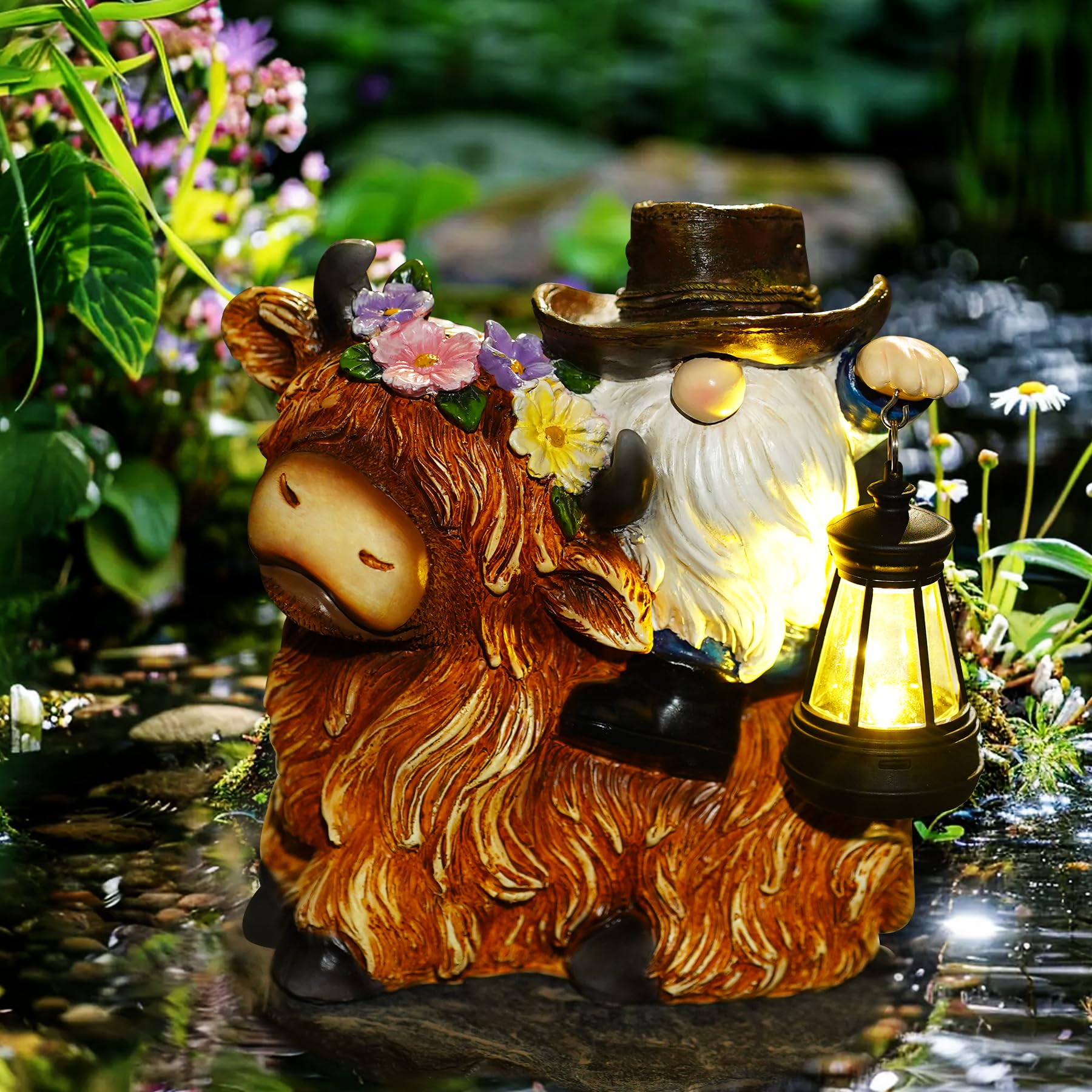 Solar Highland Cow Gnome Garden Decorative Statue - Detachable Lantern - Outdoor Fun Decoration, Suitable for Patio, Back Porch, Table Ornaments, Unique Housewarming, Birthday Gifts for Women, Mom