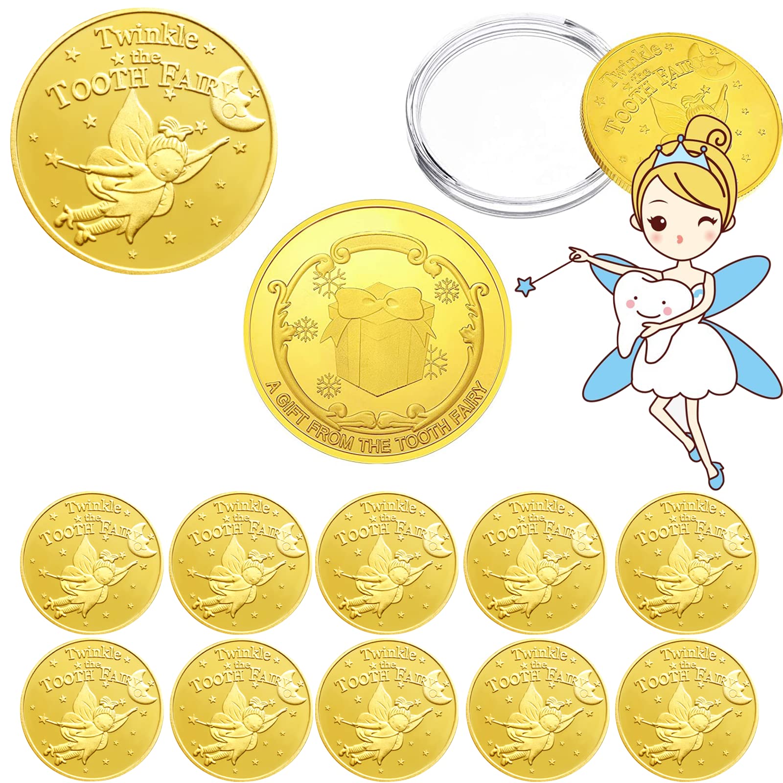 Tooth Fairy Coins, YOUYA DENTAL 10PCS Lost Teeth Reward Commemorative Coin Dental Tooth Fairy Golden Plated Metal Coin Kids Teeth Change Souvenir Christmas Dentistry Dentist Gifts for Lost Tooth Kids