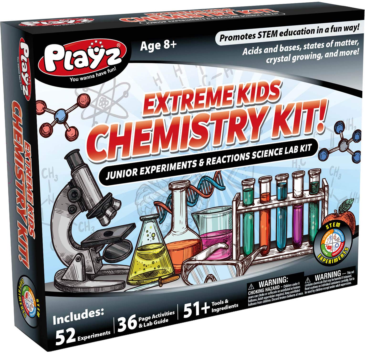 Playz 52 Extreme Kids Chemistry Experiments Set - STEM Activities & Science Kits for Kids Age 8-12 with 51+ Tools - Discovery Science Educational Toys & Gifts for Boys, Girls, Teenagers & Kids