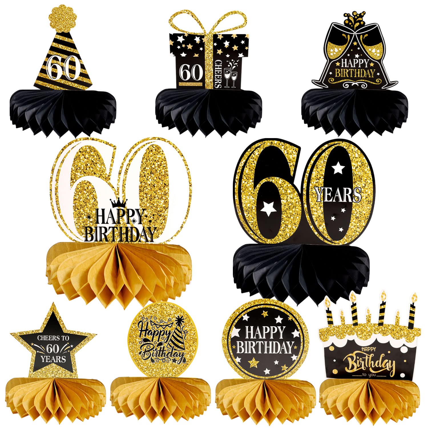 9 Pieces 60th Birthday Decoration, Honeycomb Centerpieces Cheers to 60 Years Honeycomb Table Topper for Men and Women Sixteen Years Birthday Party Decoration