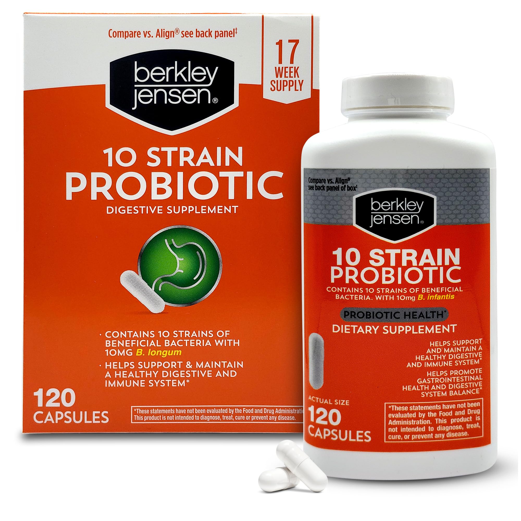 Berkley Jensen Natural 10 Strain Probiotic Supplement Capsules with 10mg B. Longum, Loaded with Live Strains & Beneficial Gut Flora, for Digestive & Immune Health - 17-Week Supply, 120 Ct