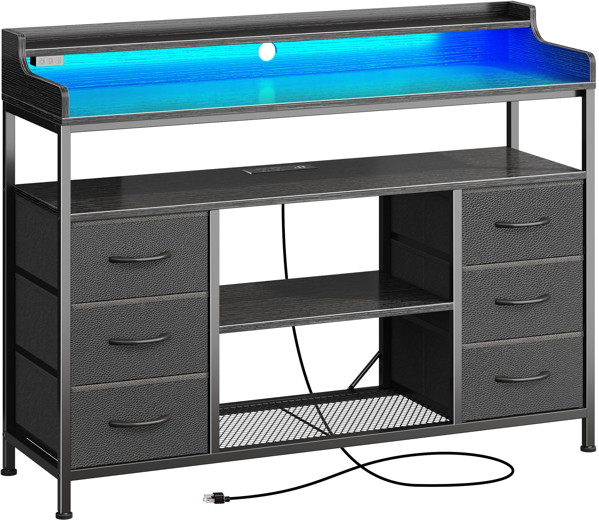 Huuger TV Stand Dresser with Power Outlets and LED Lights, 6 Drawer Dresser, 45.3 Inch TV Stand for 50 Inch TV, Entertainment Center, Open Shelves, Black Dresser, Fabric Chest of Drawers for Bedroom