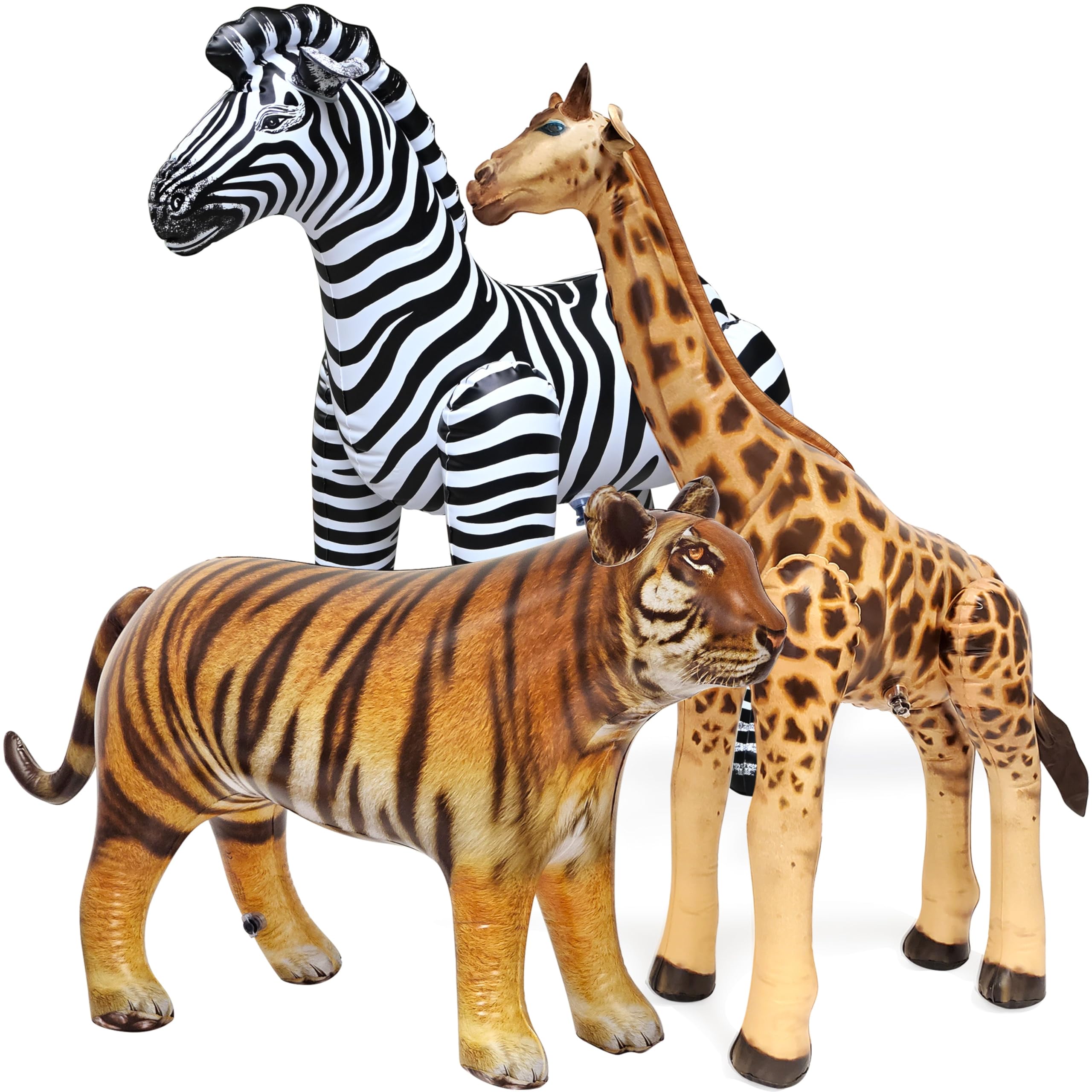 Jet Creations Life on Earth Wildlife Safari Inflatable, 3-PK, Giraffe, Zebra, Tiger, Realistic Animals for Party Decoration, Pool, Birthday, Jungle Photo Prop