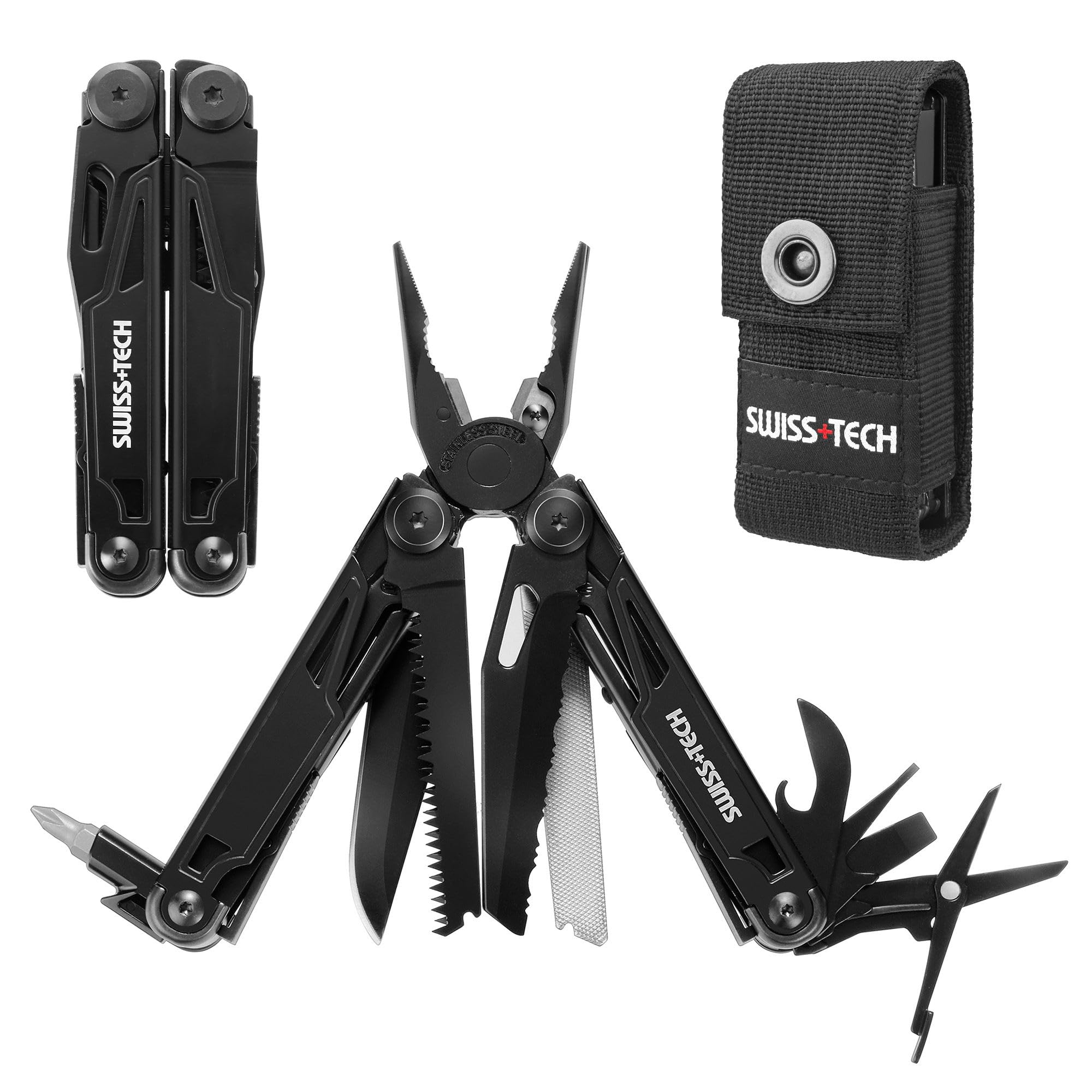 Swiss+TechMulti-Tool, 16-in-1Multitools Pliers, Foldable Multitool Pliers with Carry Bag, Camping Multitool with Scissors, Saw, Bottle Opener, Screwdriver for Outdoor, Repairing, Hiking, Picnic