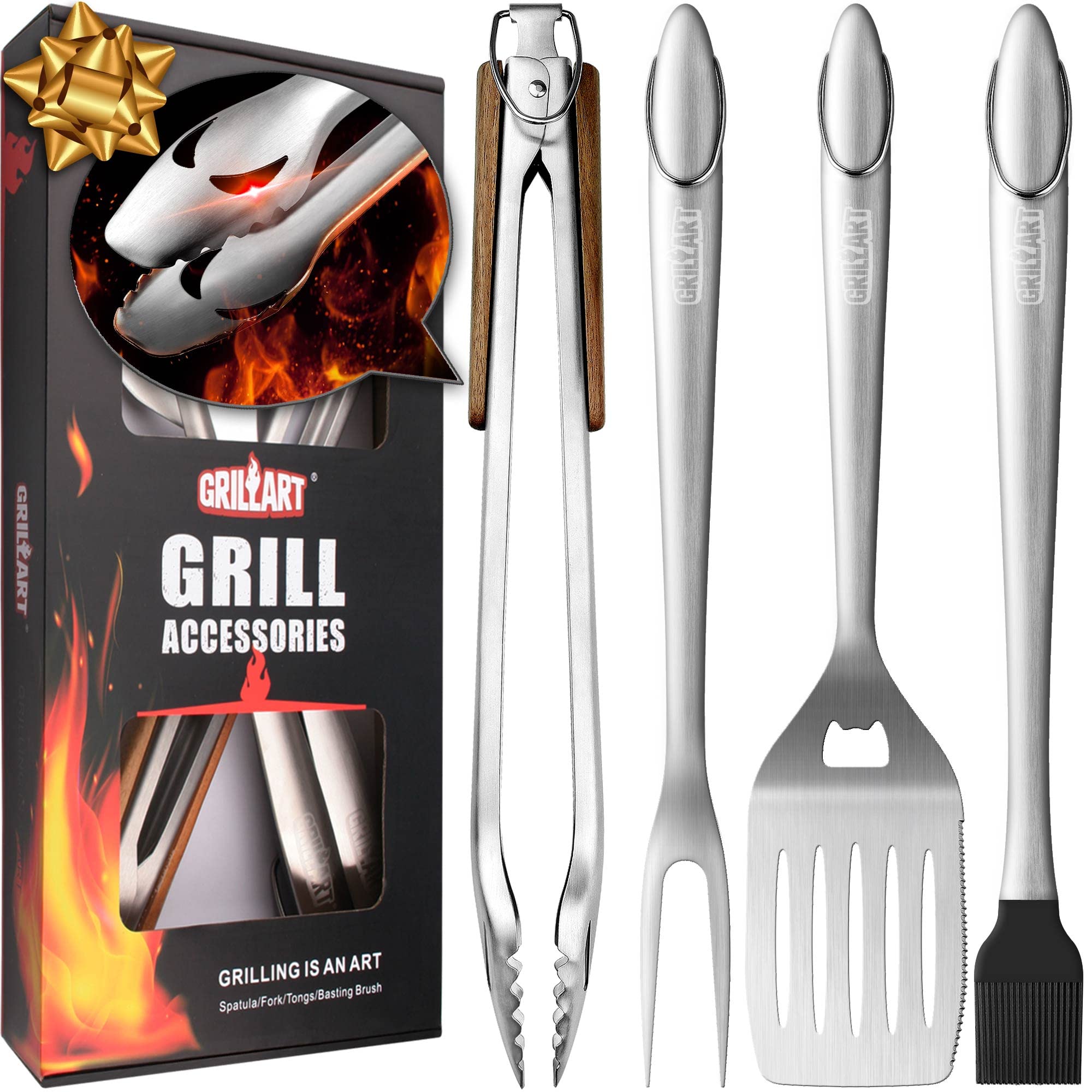 GRILLART BBQ Tools Grill Tools Set - 18Inch Grilling Tools BBQ Set - Grill Accessories BBQ Tongs, Spatula, Fork, Brush - Stainless Grill Kit Grilling Set - Gift Ideas BBQ Accessories, Gifts For Men