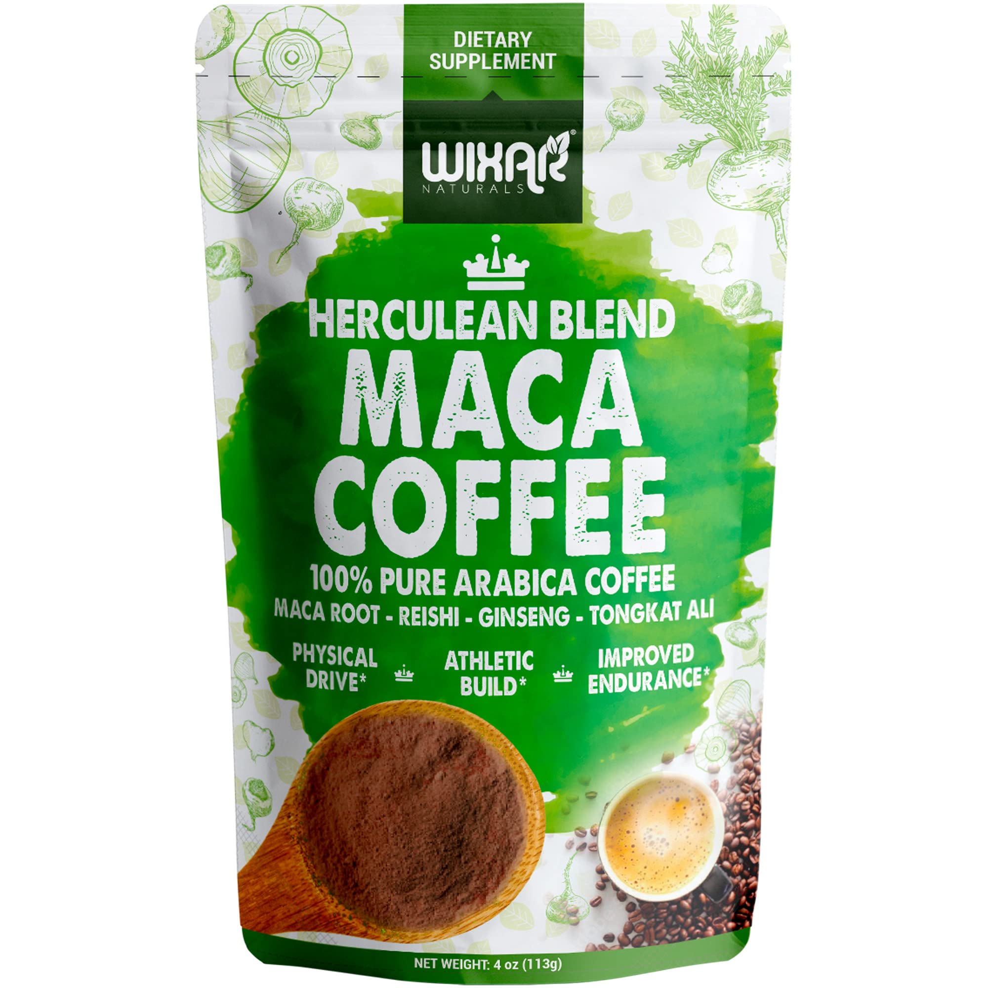 Wixar Instant Maca Coffee for Men & Women – Maca Coffee Powder - Instant Coffee Blend with Maca Root, Reishi Mushroom, Ginseng, Tongkat Ali - Dark Roast, Size 4oz Maca Supplement