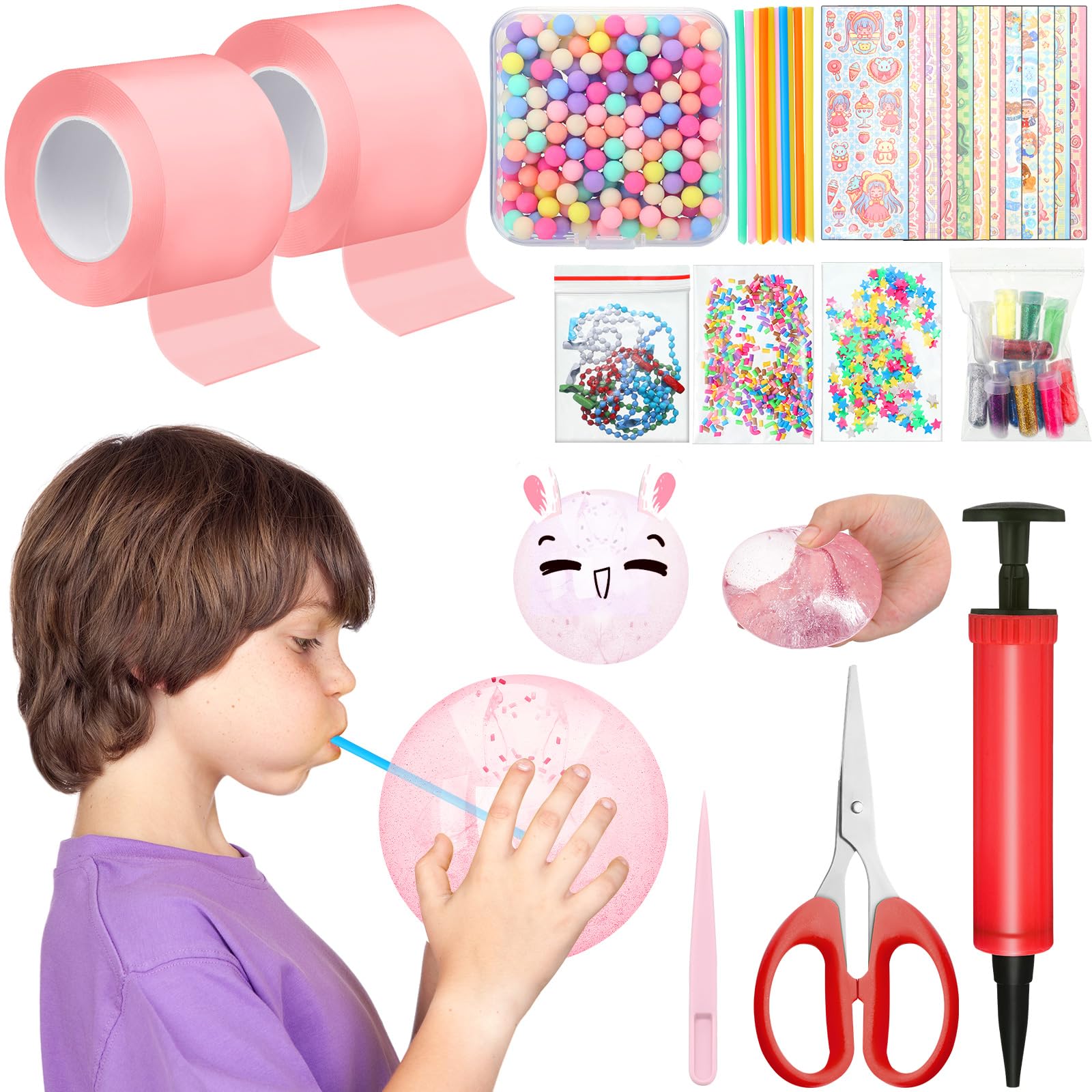 Ctosree 51 Pcs Nano Tape Bubble Kit, Double Sided Nano Bubble Tape Elastic Balloon Tape Strip with Glitter Straw Chain Sticker Balloon Inflator, Plastic Bubbles for Adult Teen DIY Craft Party (Pink)