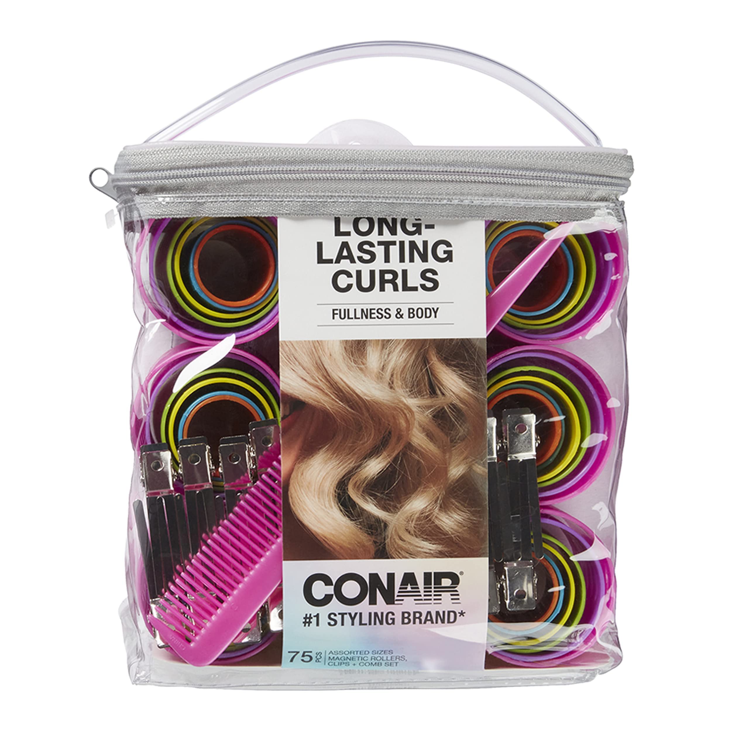 Conair Magnetic Hair Rollers, Curlers in Assorted Sizes and Colors, Rollers Curler Set with Comb Clips Included, 75-Piece