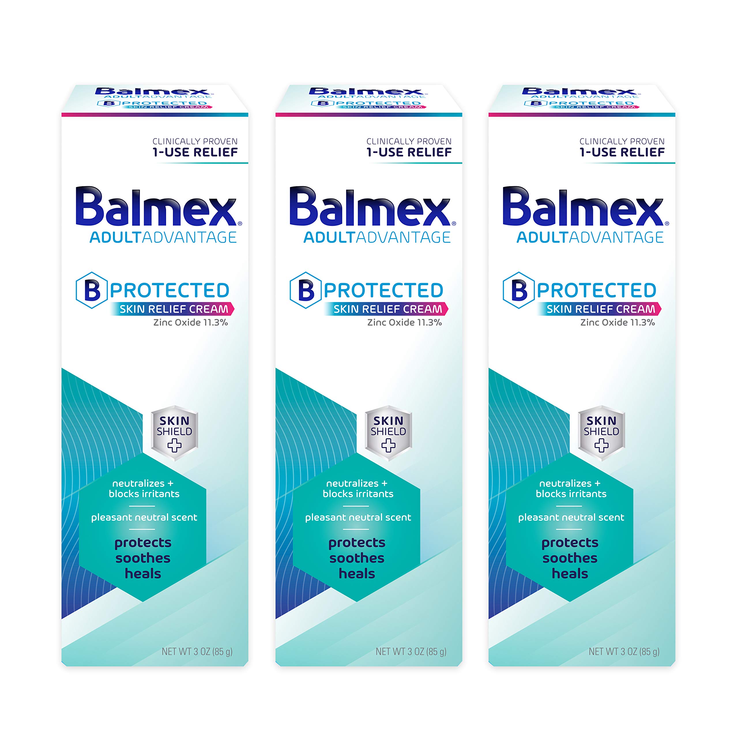 BalmexAdultAdvantage Bprotected Skin Relief Healing Cream, with Zinc Oxide Barrier Cream Protection + Skinshield Soothing Botanicals for Adult Incontinence, Adult Rash and Bed Sores, 3oz (Pack of 3)