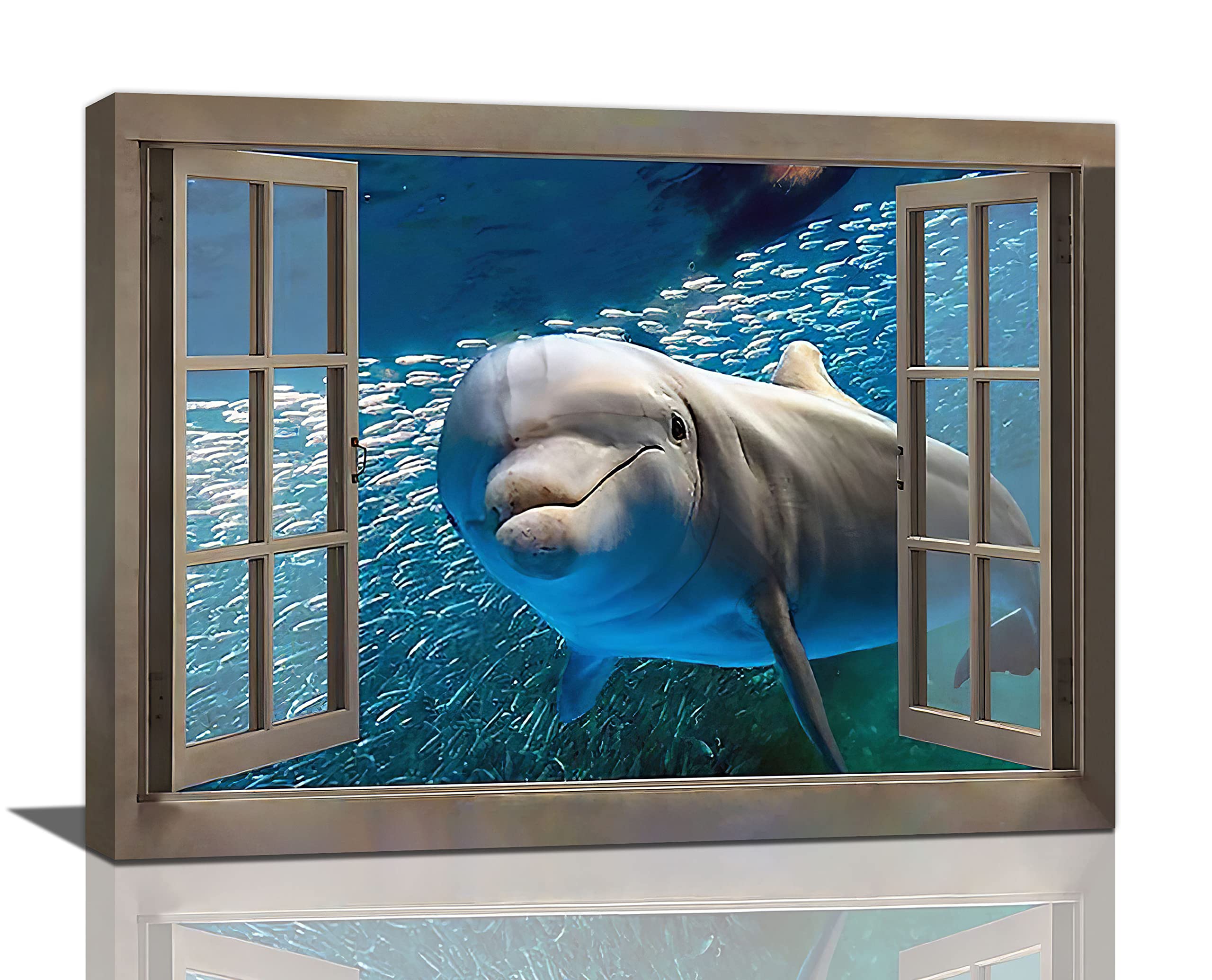 Nautical Dolphin Bathroom Wall Art Coastal Ocean Theme Bathroom Pictures Wall Decor Seascape Bathroom Canvas Print Sea Life Painting Framed Modern Home Artwork For Bedroom Kitchen Office 16"x12"