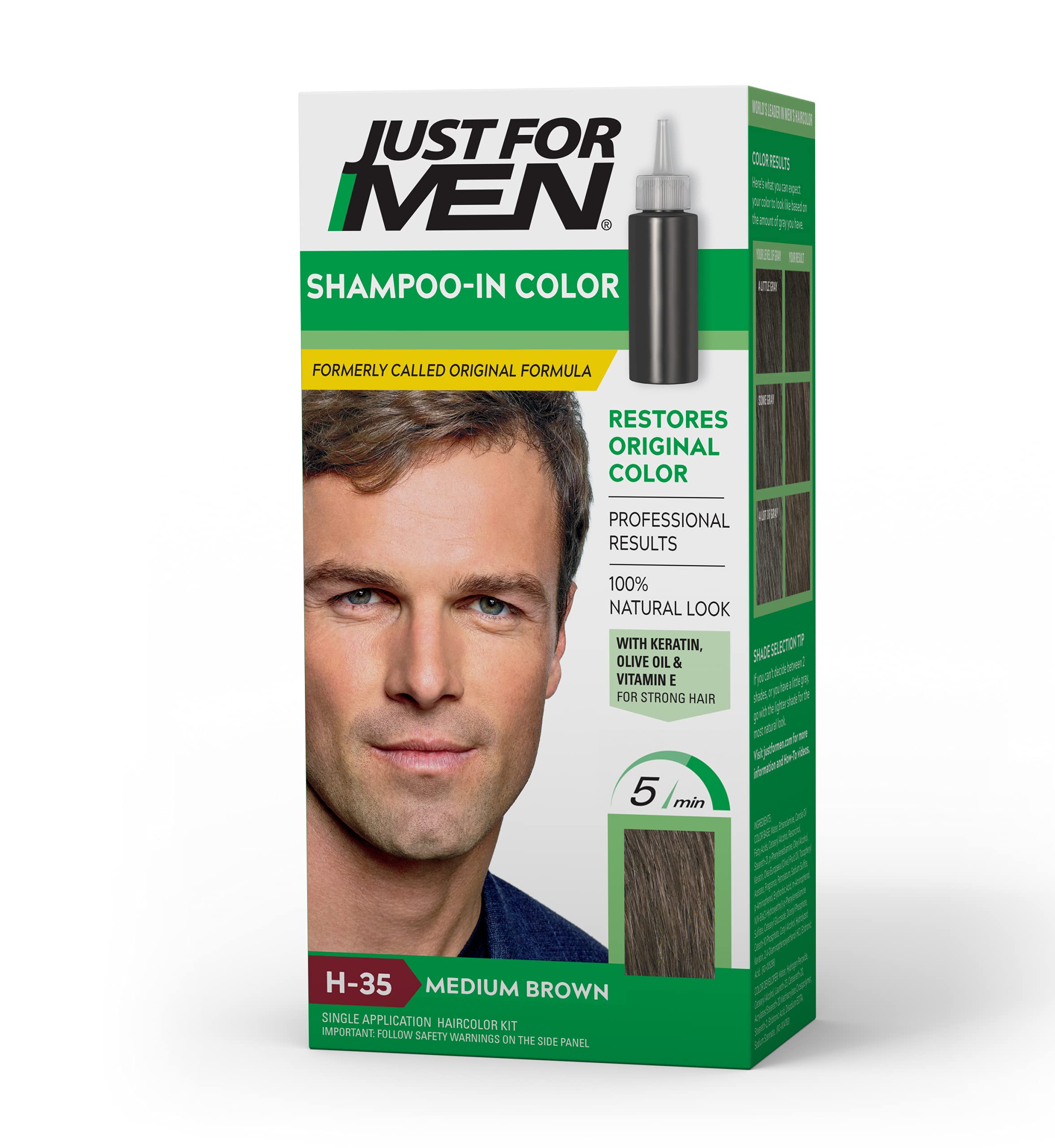 Just For Men Shampoo-In Color (Formerly Original Formula), Mens Hair Color with Keratin and Vitamin E for Stronger Hair - Medium Brown, H-35, Pack of 1