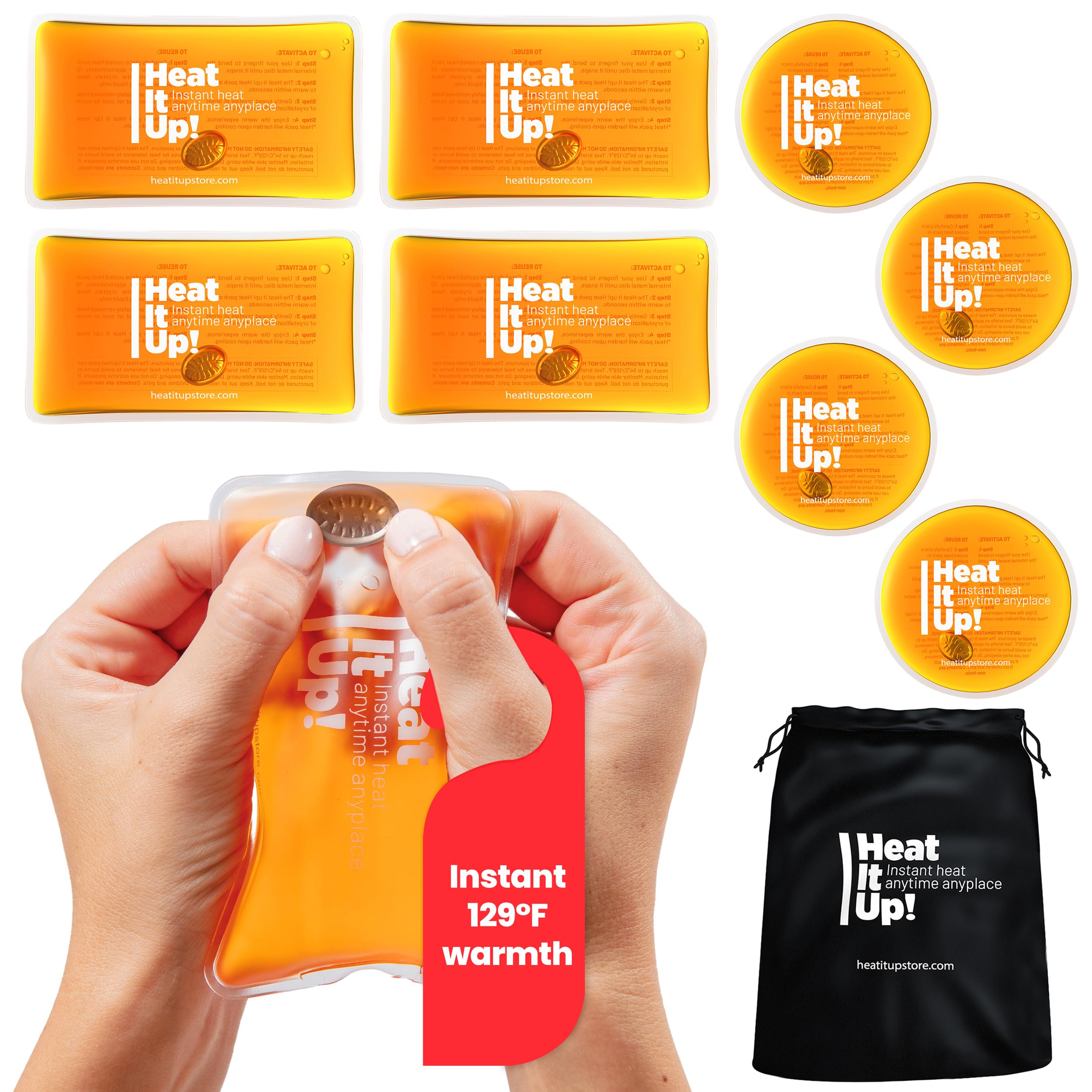 HEAT IT UP Reusable Heat Pack - 8 Instant Heat Packs for Hot Compress - Pads Can Be Used As Pocket Warmers Or Hot Packs for Pain Relief - Included Free Fabric Bag for Travel