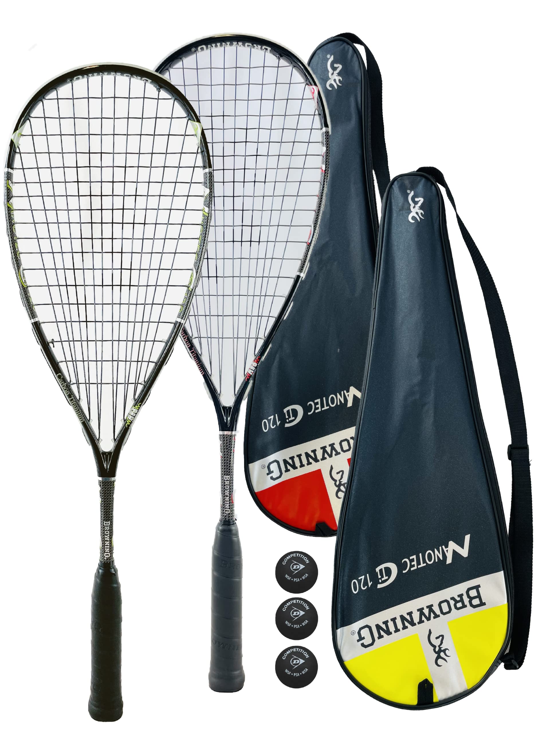 Browning Nanotec 120 Deluxe Squash Twin (Red / Yellow) Racket Set & 3 Squash Balls