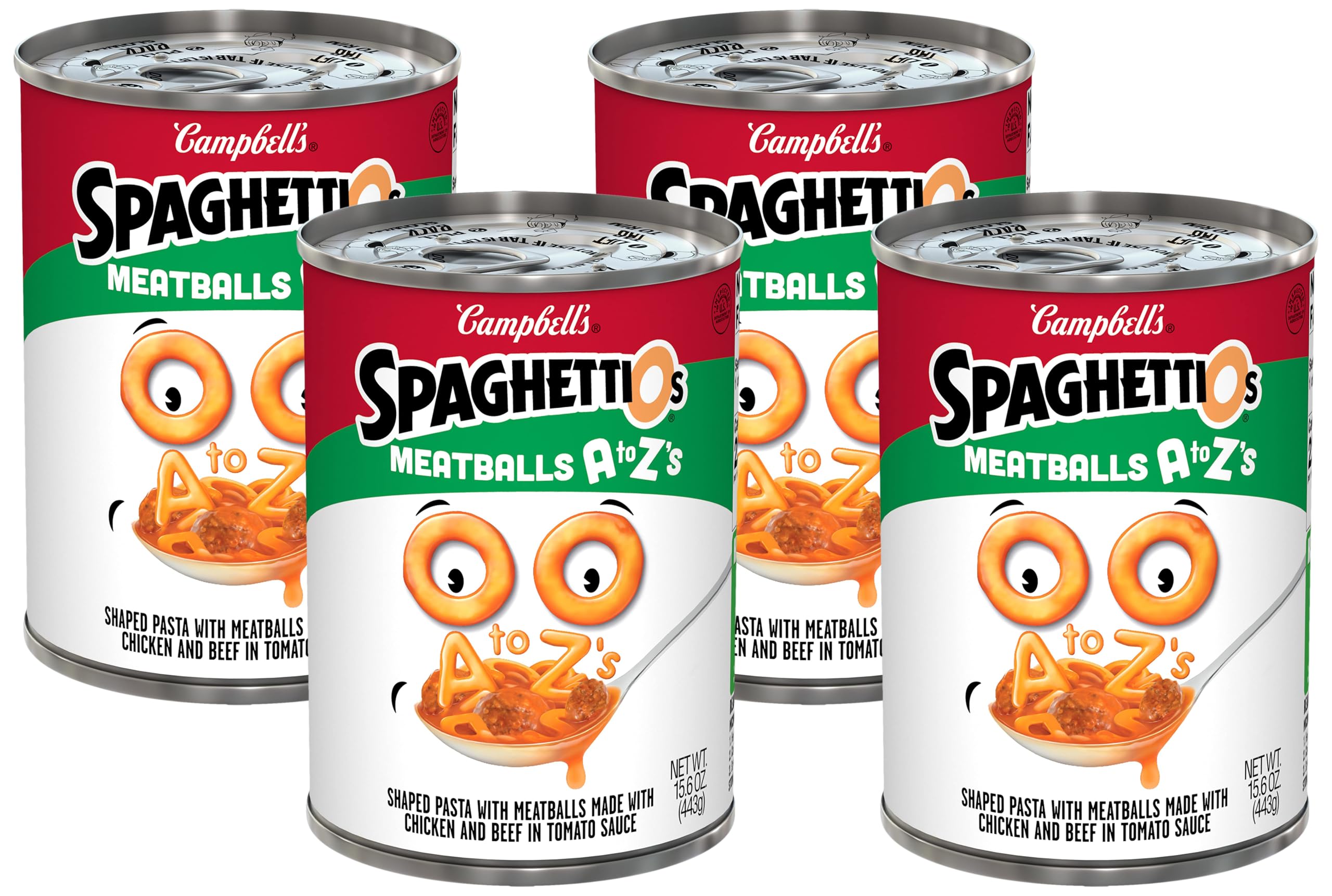 SpaghettiOs A to Z's Canned Pasta with Meatballs, 15.6 oz Can (Pack of 4)