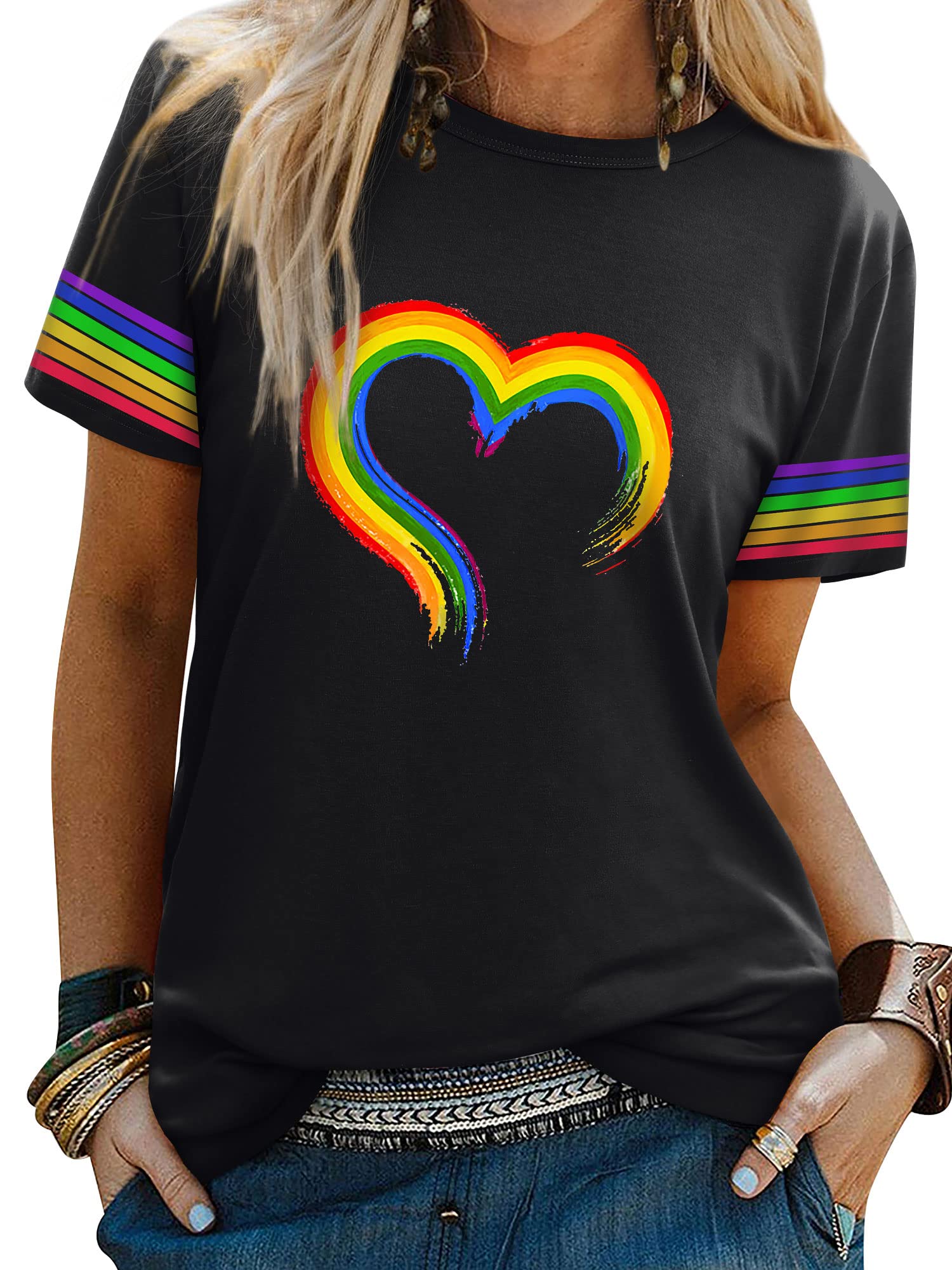 DresswelWomen Rainbow Hearts Striped T-Shirt 3D Graphic Print Crew Neck Short Sleeve LGBTQ Lesbian Gay Pride Tee Shirts Summer Tops