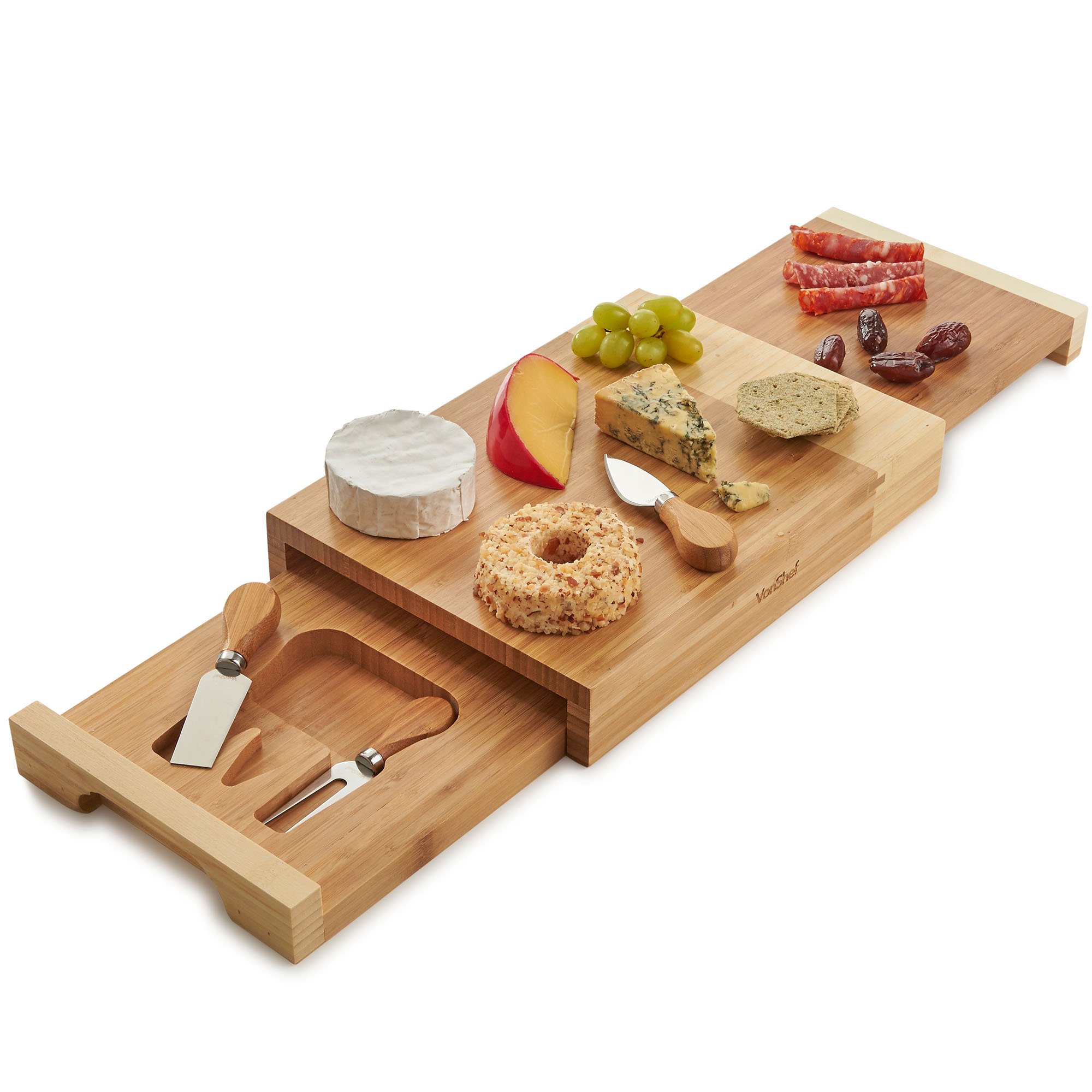 VonShef Bamboo Cheese Board, Square Serving Tray with Stainless Steel Knife Set, Easy Clean Charcuterie Serving Board with Two Pull Out Knife Drawers & Gift Box