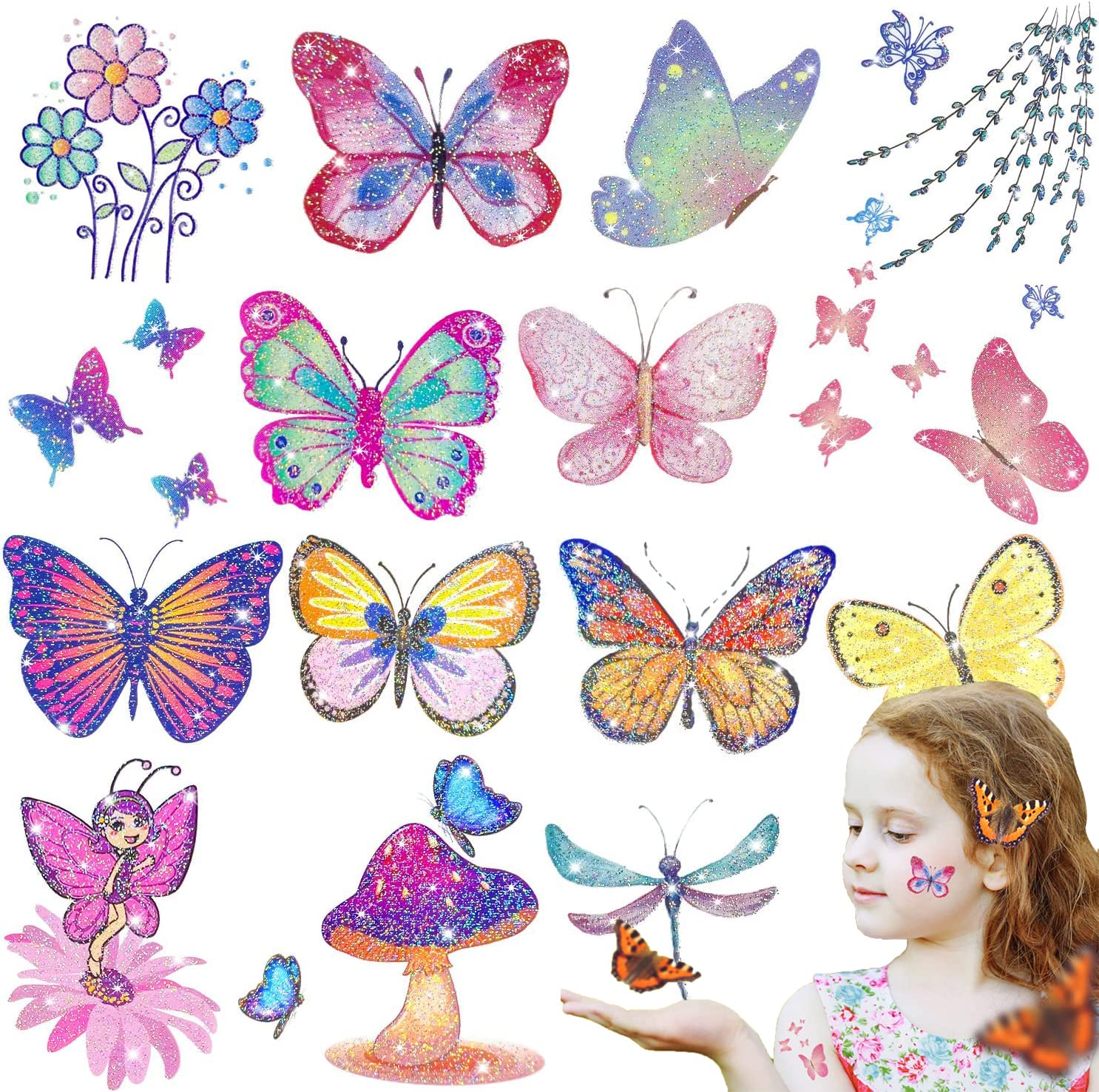 ELECDON Butterfly Glitter Tattoos for Kids, Butterfly Stickers, Temporary Tattoos for Girls Party Bag Fillers Birthday Decorations, Butterfly Gifts Ornaments for Party Supplies Favours, 130 Styles