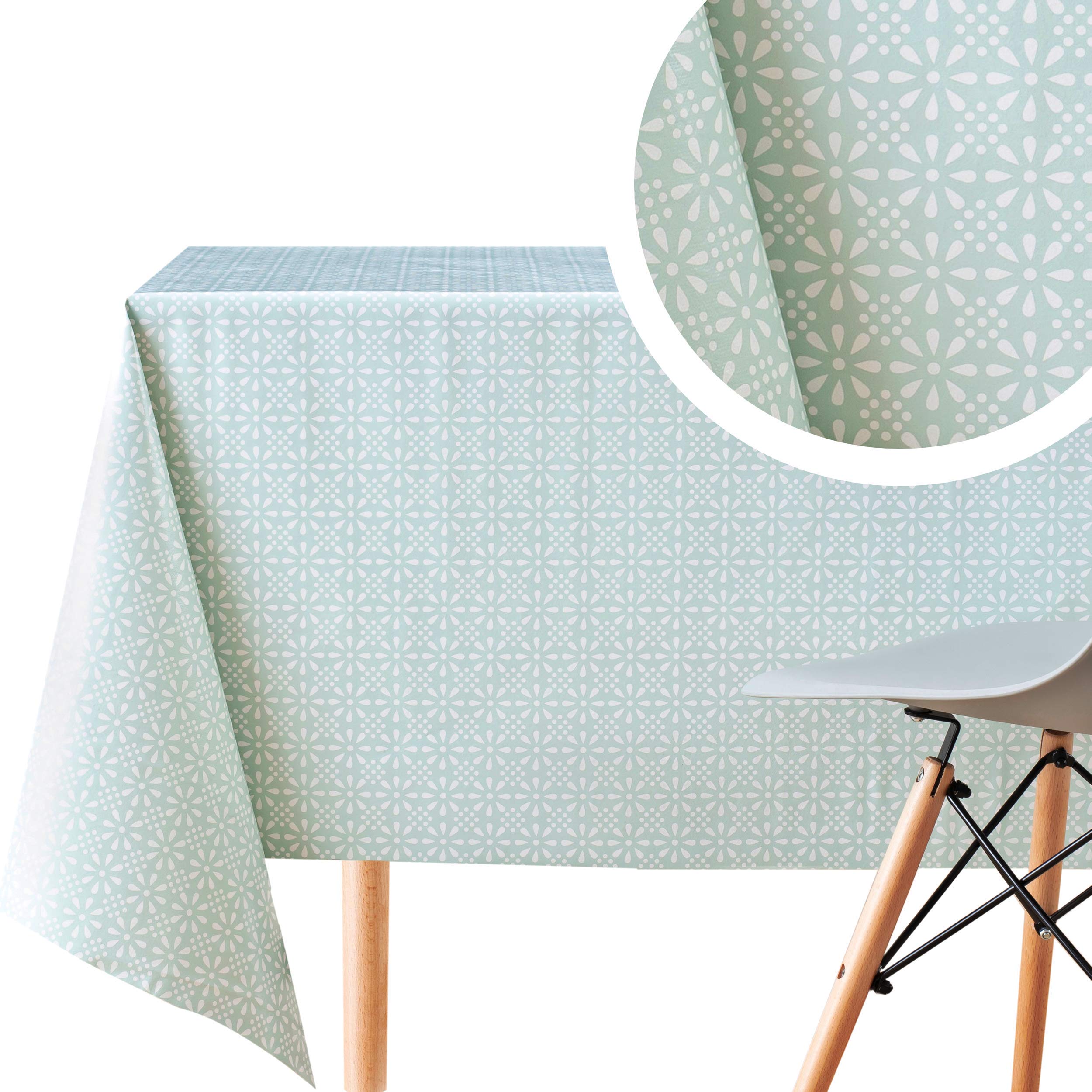 KP HOMECalming Aesthetic Duck Egg Tone PVC Wipe Clean Table Cloth 300x140cm | 118x55In - 10 Seats Wipeable Tablecloth - Waterproof Vinyl Oilcloth | Geometric Retro Floral Motif in Soft Mint Green