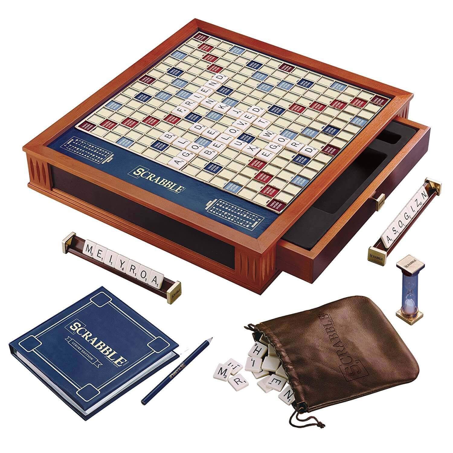 WS Game Company Scrabble Trophy Luxury Edition with Rotating Wooden Game Board