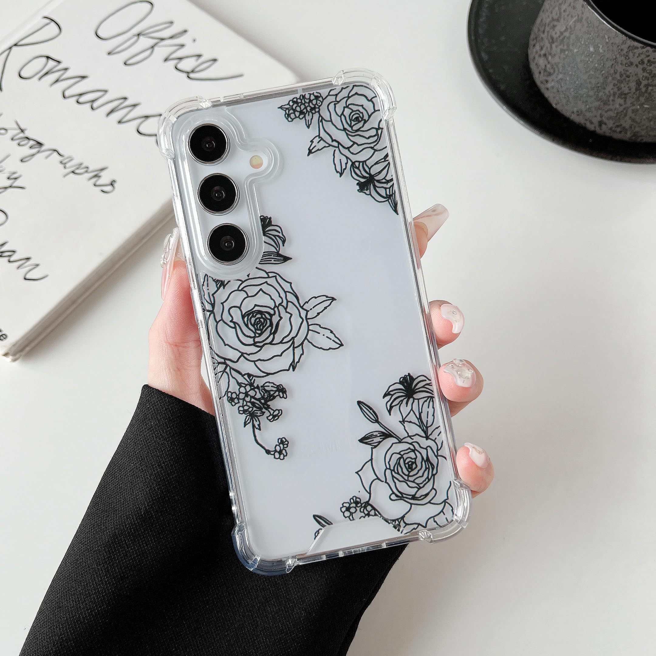 ZTOFERAfor Samsung Galaxy S24 Plus Phone Case, Samsung S24 Plus Case Clear Cute Flower Pattern Designed with Clear Hard Back Soft TPU Bumper Shockproof Protective Case for Samsung S24 Plus- Black