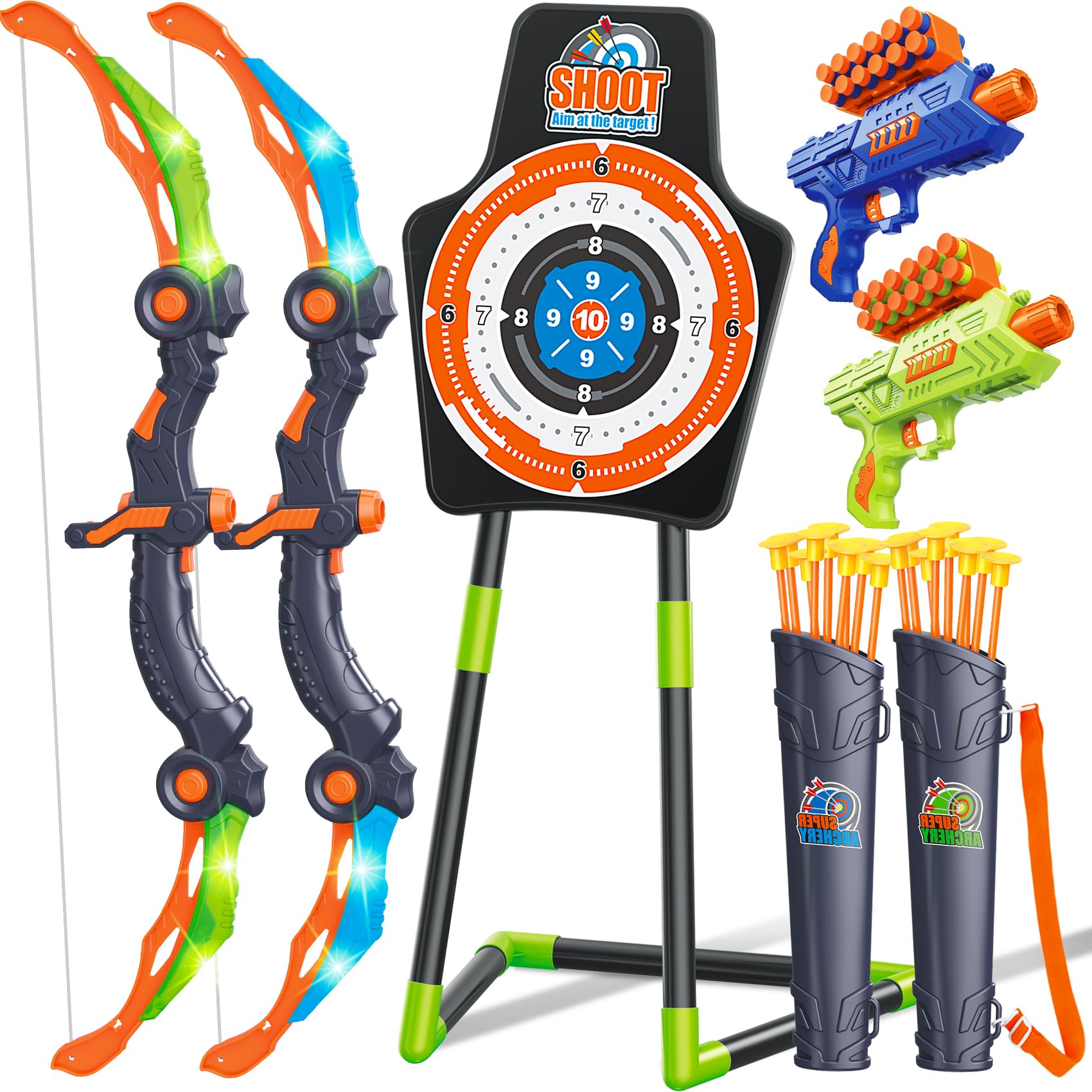 GMAOPHYBow and Arrow for 5 6 7 8 9 10 11+ Year Old Boys, Birthday Gift for Kids, Indoor Outdoor Activity Toys, 2 Pack LED Light Up Archery Toy with 20 Suction Cup Arrows, Standing Target