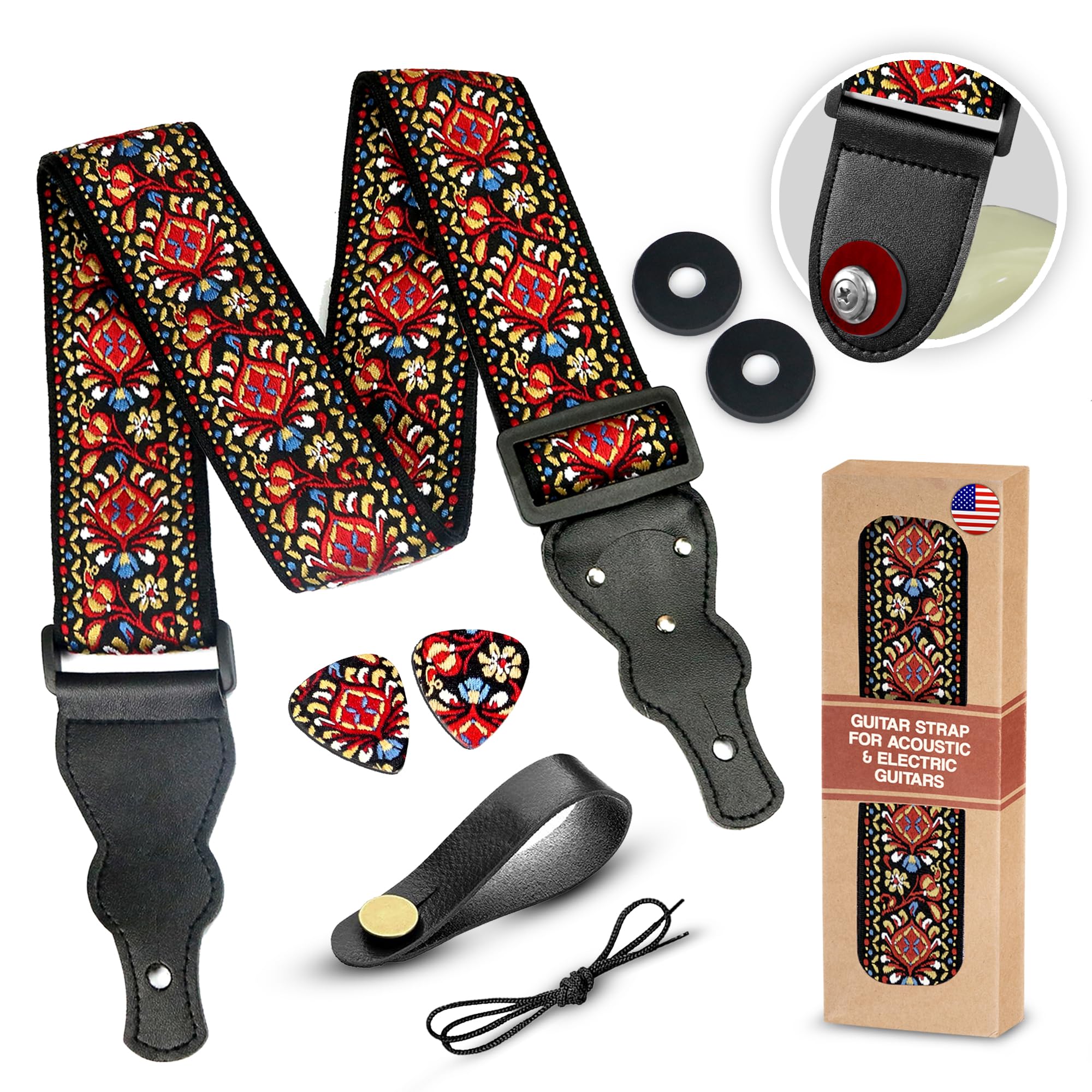 Guitar Strap For Acoustic Guitars , Electric Guitars and Bass , Red Vintage Woven Embroidered Adjustable Strap, Christmas Gift & Stocking Stuffer Includes 2 Picks + Strap Locks + Strap Button