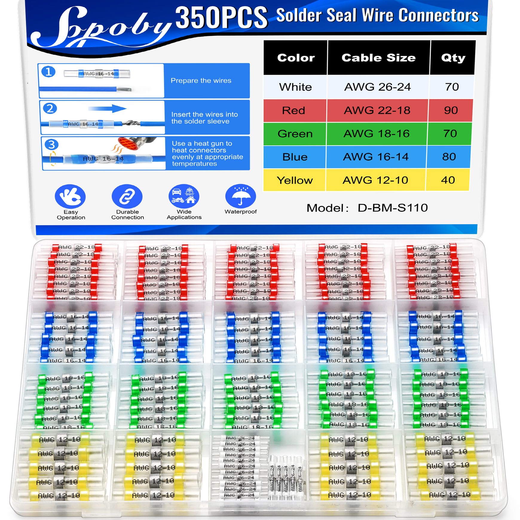 350PCS Solder Seal Wire Connectors, Self Soldering Heat Shrink Butt Connector Solder Sleeve Waterproof Insulated Electrical Butt Splice Wire Terminals for Marine Automotive Boat Truck