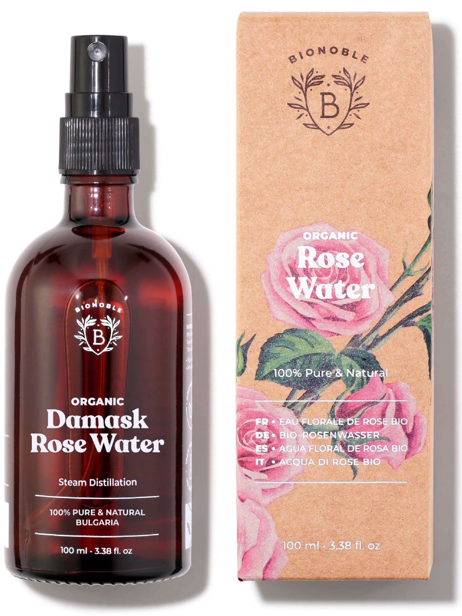 Bionoble Organic Rose Water 100ml - 100% Pure and Natural Damask Rose Hydrolat - Face, Eye Contour, Body, Hair - Glass Bottle + Spray