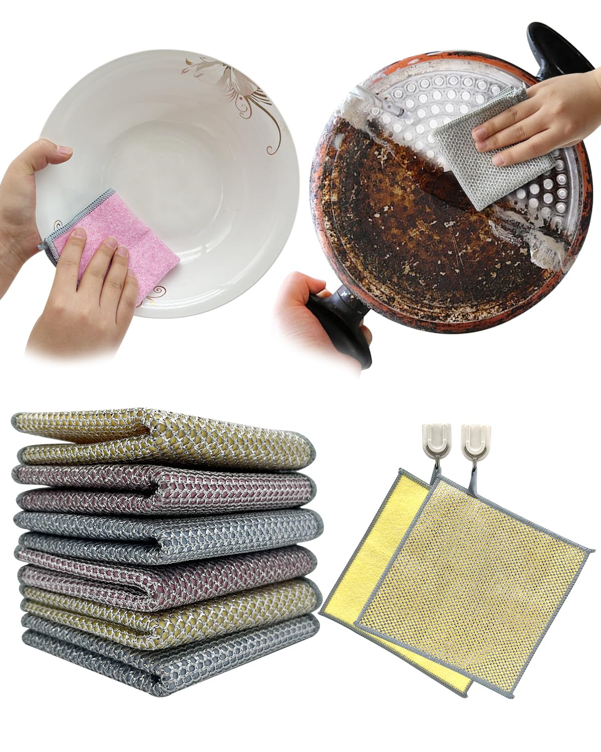 EGZ2024 New Multi-Purpose Wet and Dry Double-Layer Steel Wire Dishcloths, 6 Pieces Multi-Purpose Steel Wire Dishcloths, Reusable, Suitable for Tableware, Stoves, Dining Tables (6 p)