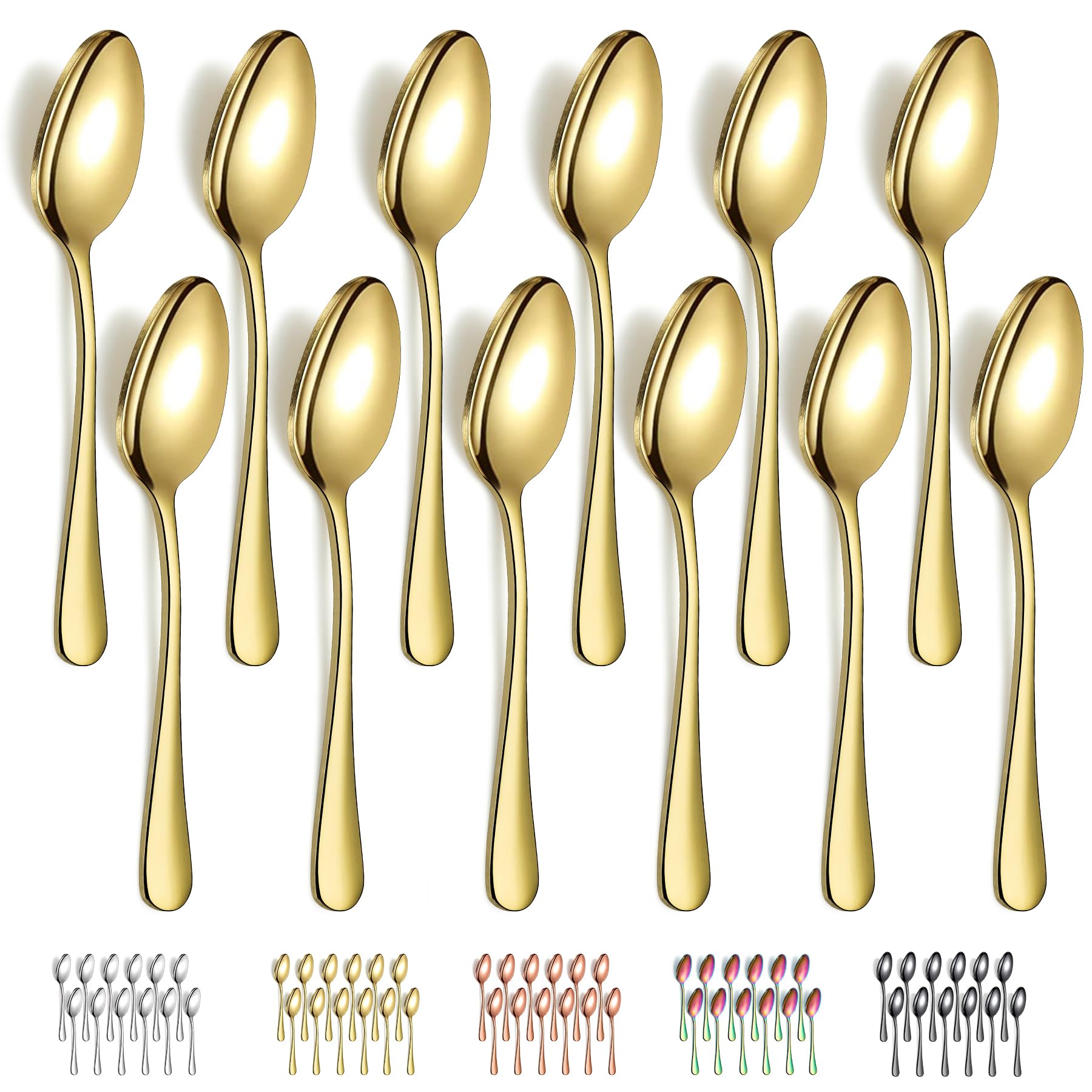 Evanda Gold Dinner Spoons 12 Pieces, Gold Titanium Plating Stainless Steel 7.28inch Spoons, Dessert Spoons, Table Spoon, Soup Spoons, Easy To Clean, Dishwasher Safe