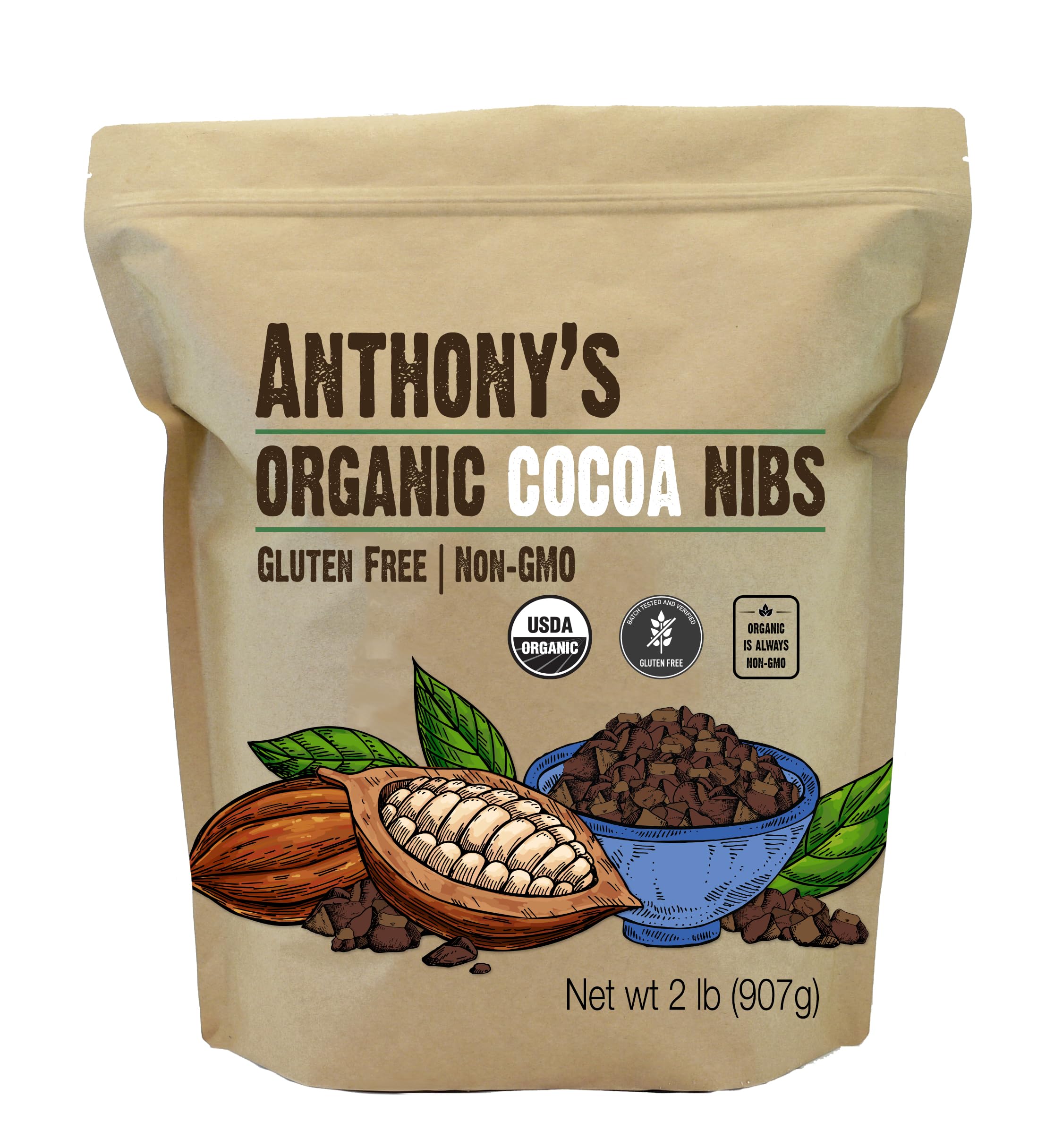 Anthony's Organic Cacao Cocoa Nibs, 2 lb, Batch Tested and Verified Gluten Free