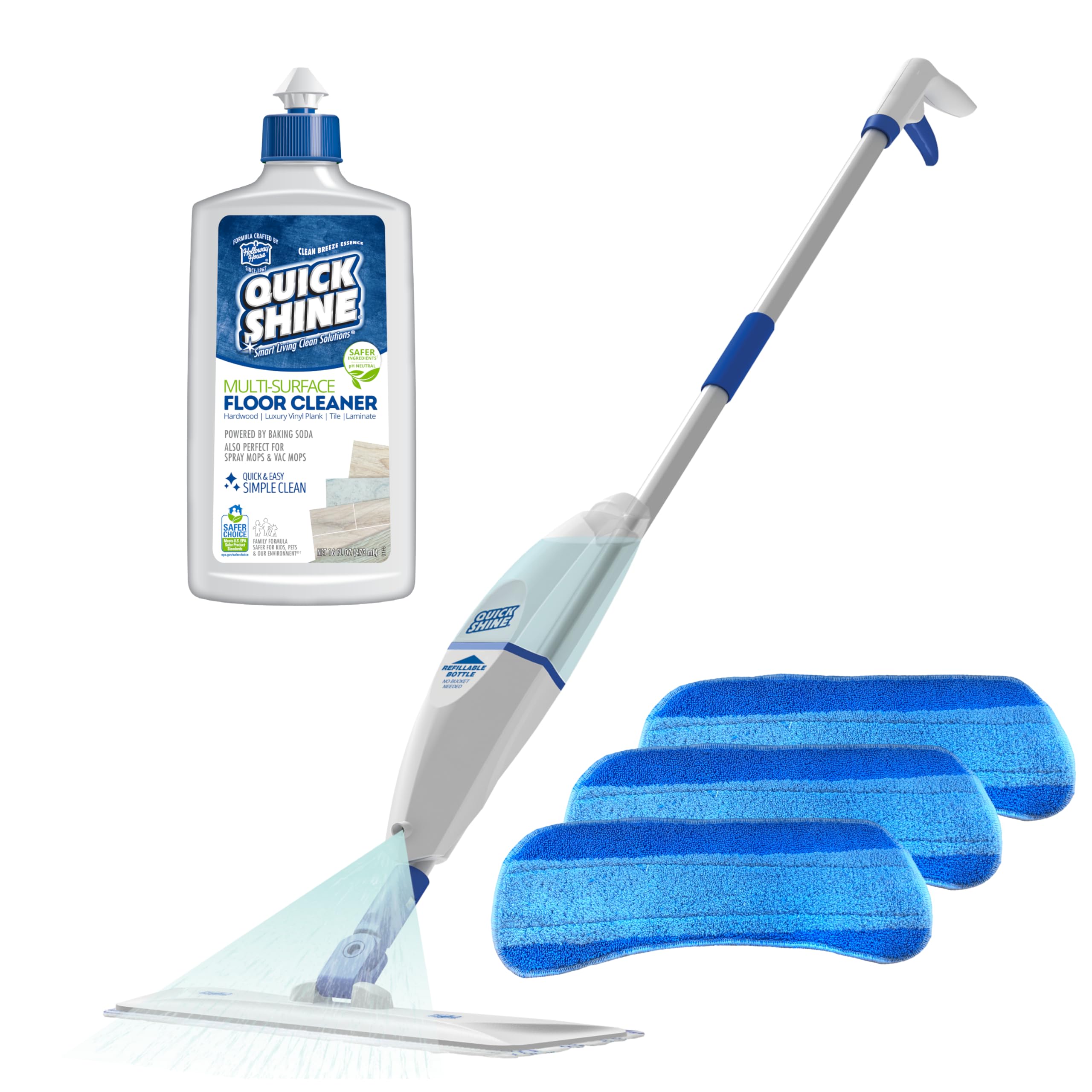 Quick ShineSpray Mop Kit with 3 Reusable Mop Pads & 1 Safer Choice Multi-Surface Floor Cleaner 16oz | Quick & Easy Cleaning | No Batteries Required | Refillable Cleaning Cartridge,White