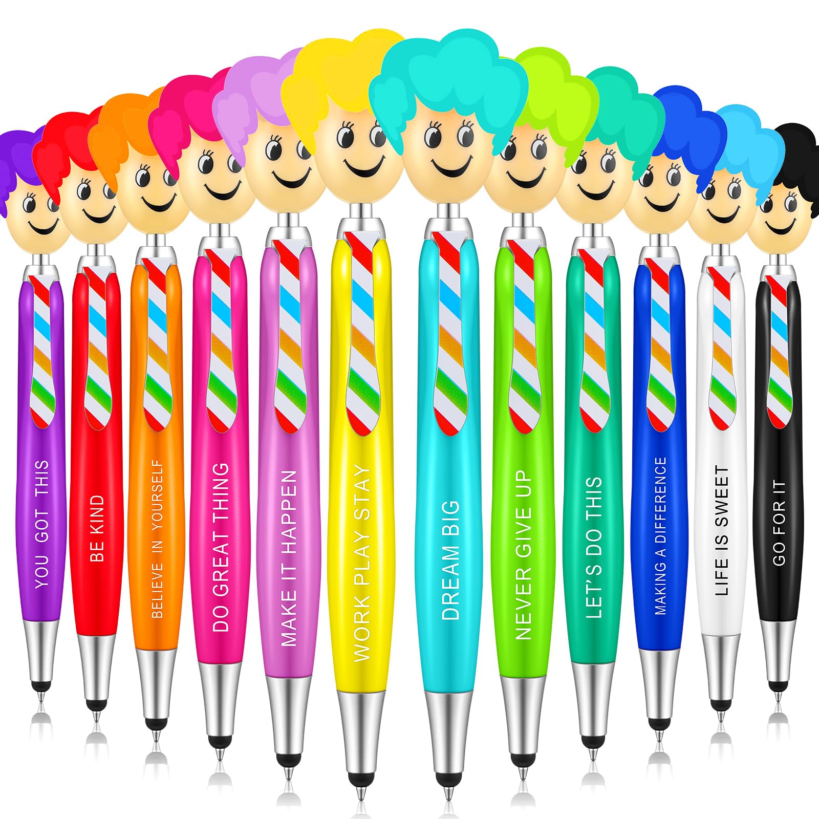 DispowreathDispowreath 24 Pcs Mop Head Pens Screen Cleaner Stylus Pens with Motivational Quotes 3 in 1 Stylus Pen Duster Creative Fun Rollerball Pen Assorted Designs for Kids Adults Home School Office, 12 Colors