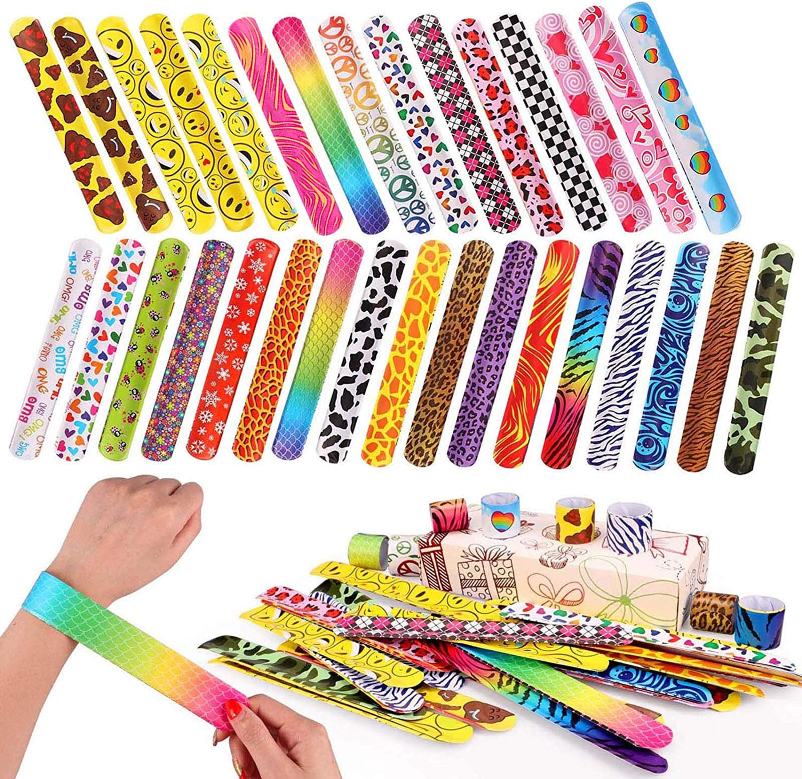 Toyssa 100 PCS Slap Bracelets Party Favors with Colorful Hearts Emoji Animal Print Design Retro Slap Bands for Kids Adults Birthday Classroom Gifts