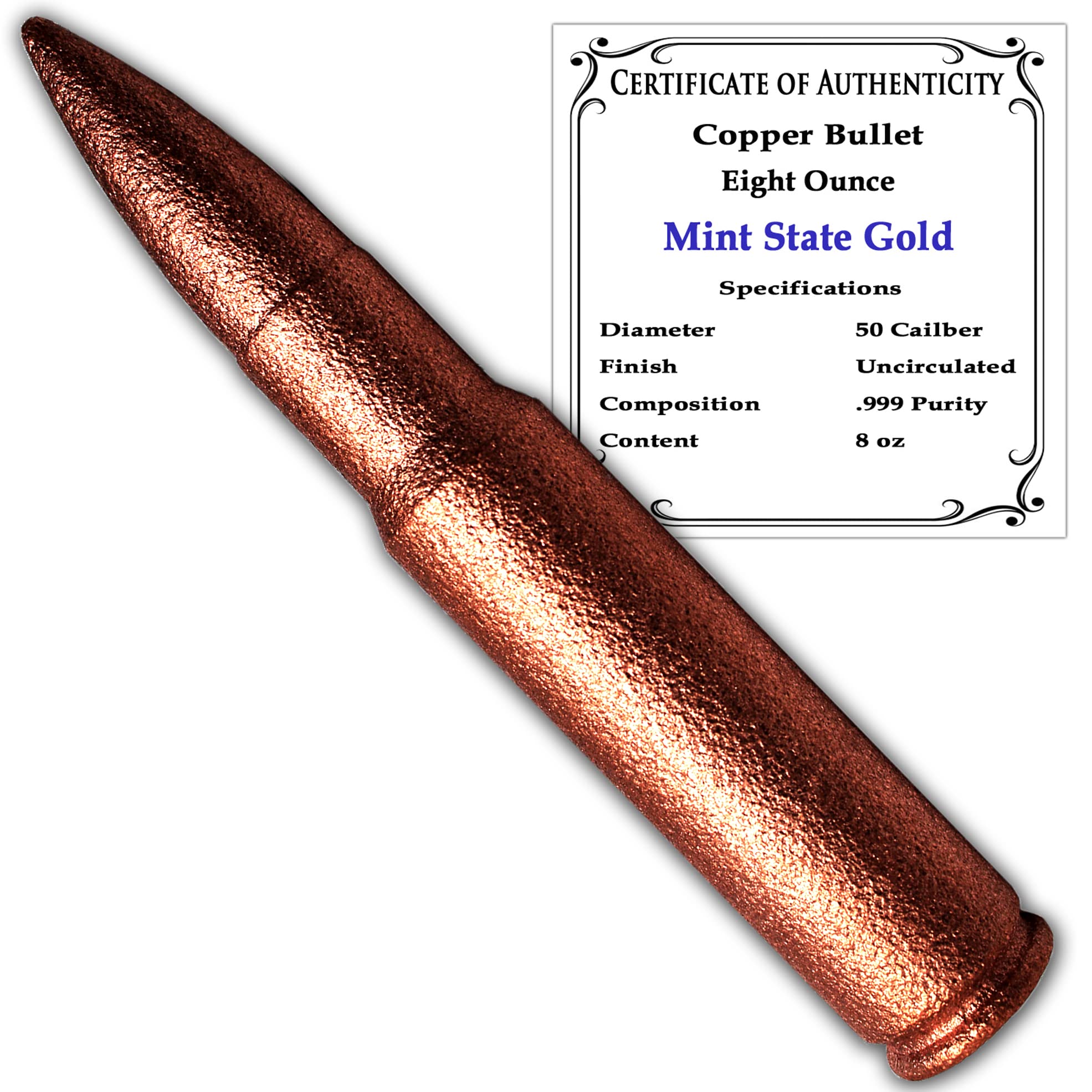 MINT STATE GOLD 50 Caliber 8 oz Copper Bullet - Collectible - 99.9% Pure - Precision Laser Etched - Decorative Piece