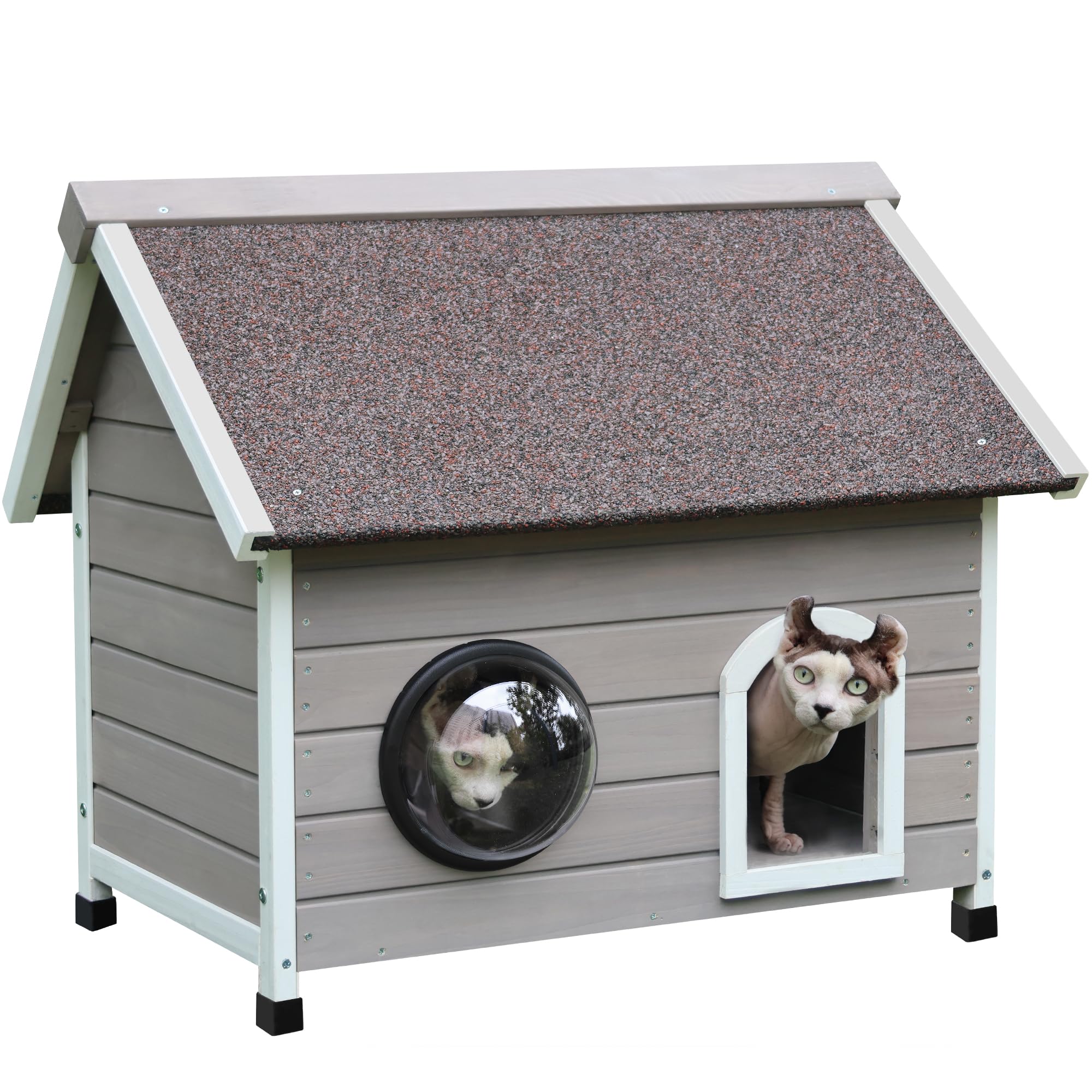 HiCaptain Weatherproof Outdoor Cat House, WoodenÂ Feral Cat House for Outside, Small Pet House with Unique Shape, Dome Window, Escape Door and Removable Attic-Grey