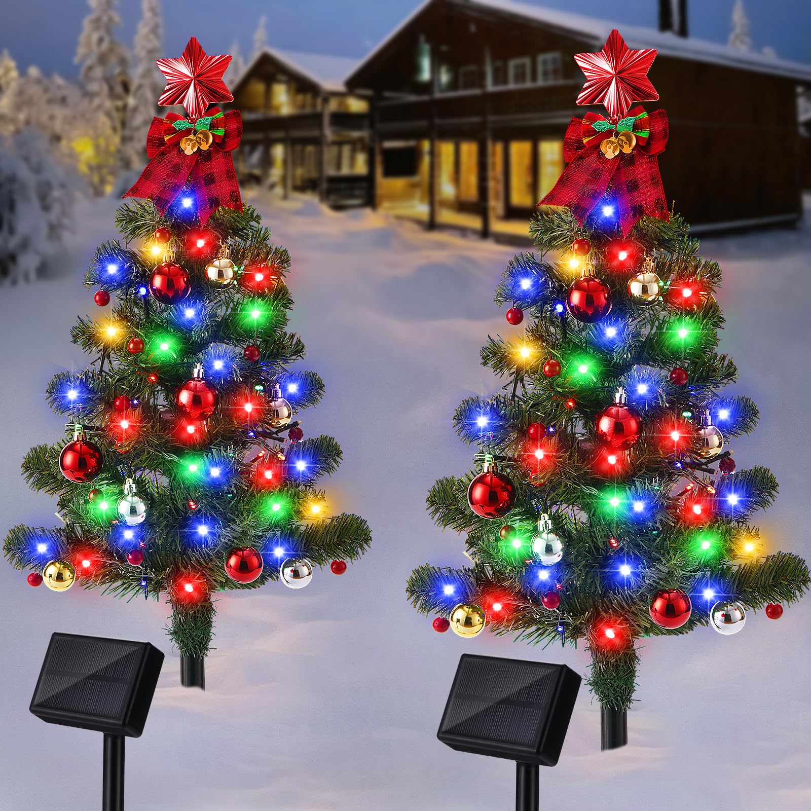 Solar Christmas Tree Garden Stake Lights, 136LED Christmas Solar Lights Outdoor Waterproof with 8 Lighting Modes, Small Solar Powered Christmas Tree for Garden Yard Pathway Patio Decoration, 2 Packs