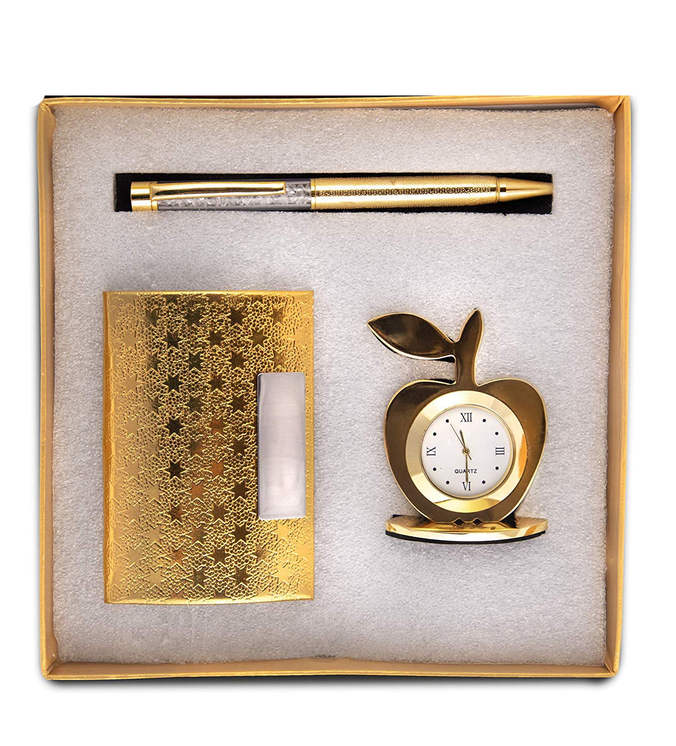 Msa Jewels 3 in 1 Gift Set with Apple Clock, Crystal Pen, Business Card Holder (Golden)