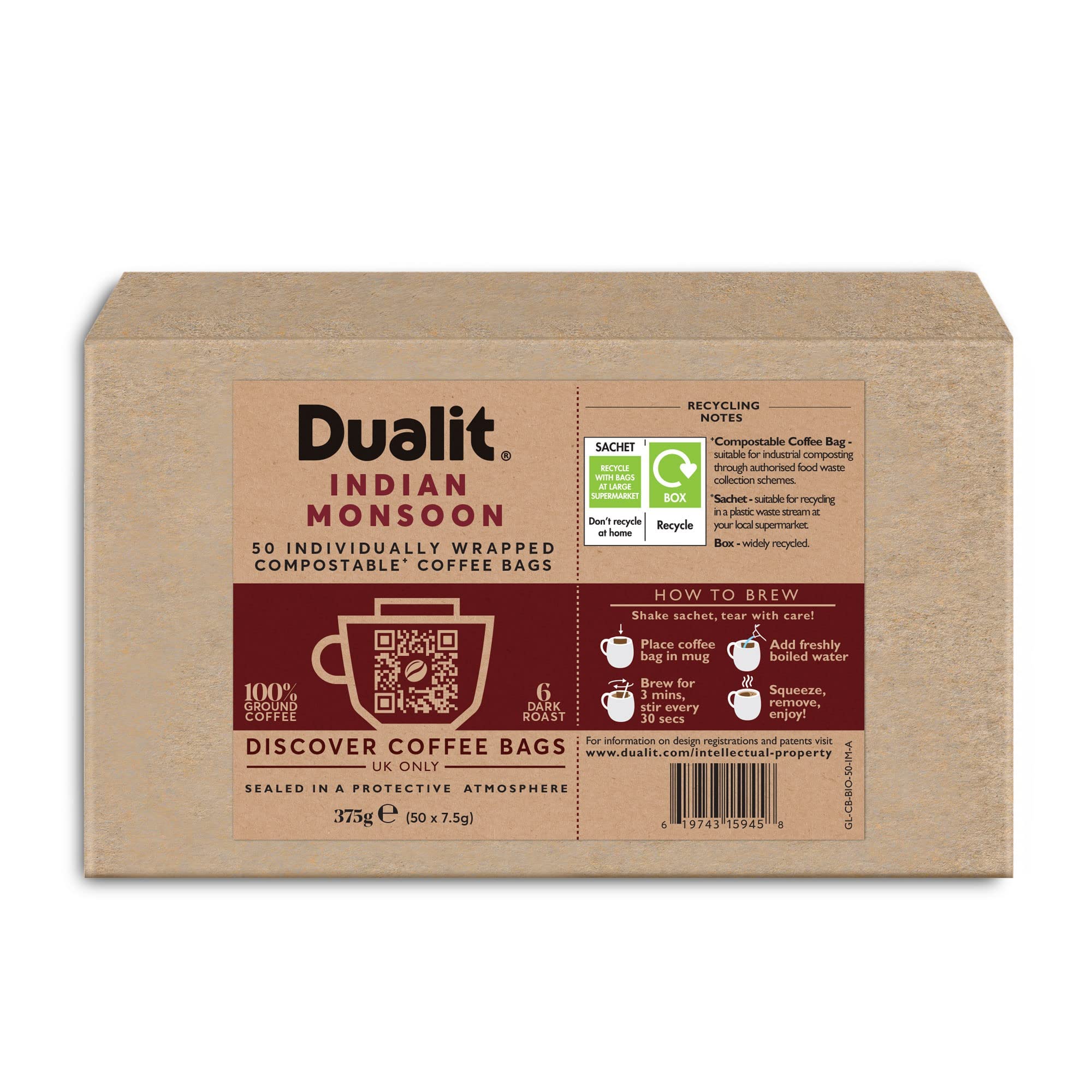 50 Premium Indian Monsoon Coffee Bags by Dualit - Compostable Coffee Bag with Recyclable Sachet For Easy, Mess Free Coffee On The Go - Individually Wrapped for Freshness - Indian Monsoon