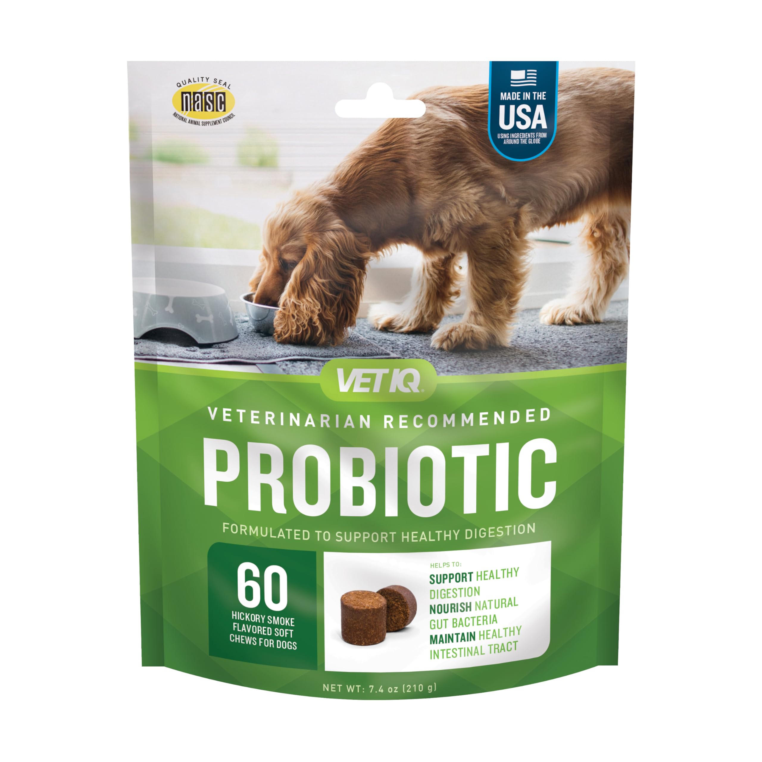 VETIQProbiotic Supplement for Dogs, Digestive Support for Dogs, Nourishes Gut Bacteria and Supports Bowel Function, Hickory Smoke Flavor, Made in The USA, 60 Count