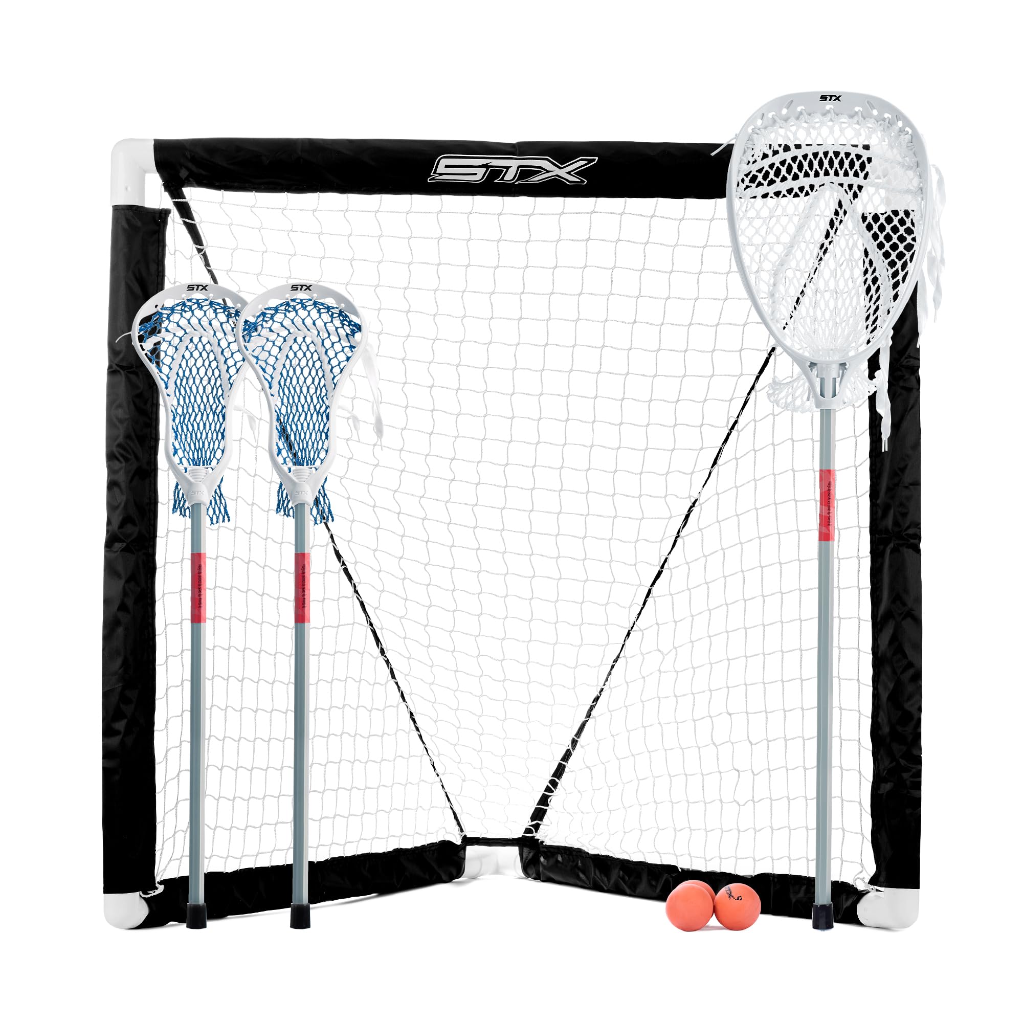 STX FiddleSTX Three Player Game Set with Two Field Player Sticks One Goalie Stick Mini Goal and Balls , White/Grey