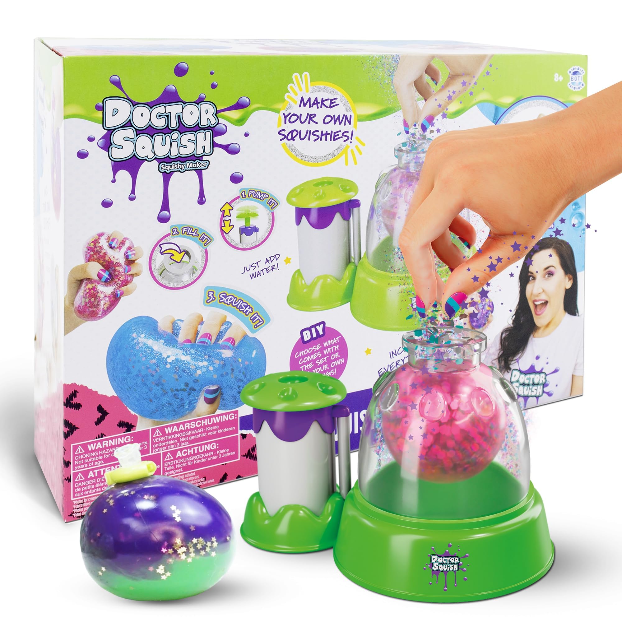 Doctor Squish: Squishy Maker, New Shiny Glitter Station Maker, Decorate with Confetti, Sparkles & Colored Ink, Variety of Sizes, Just Add Water to Make Your Own Slime, For Ages 8 & up