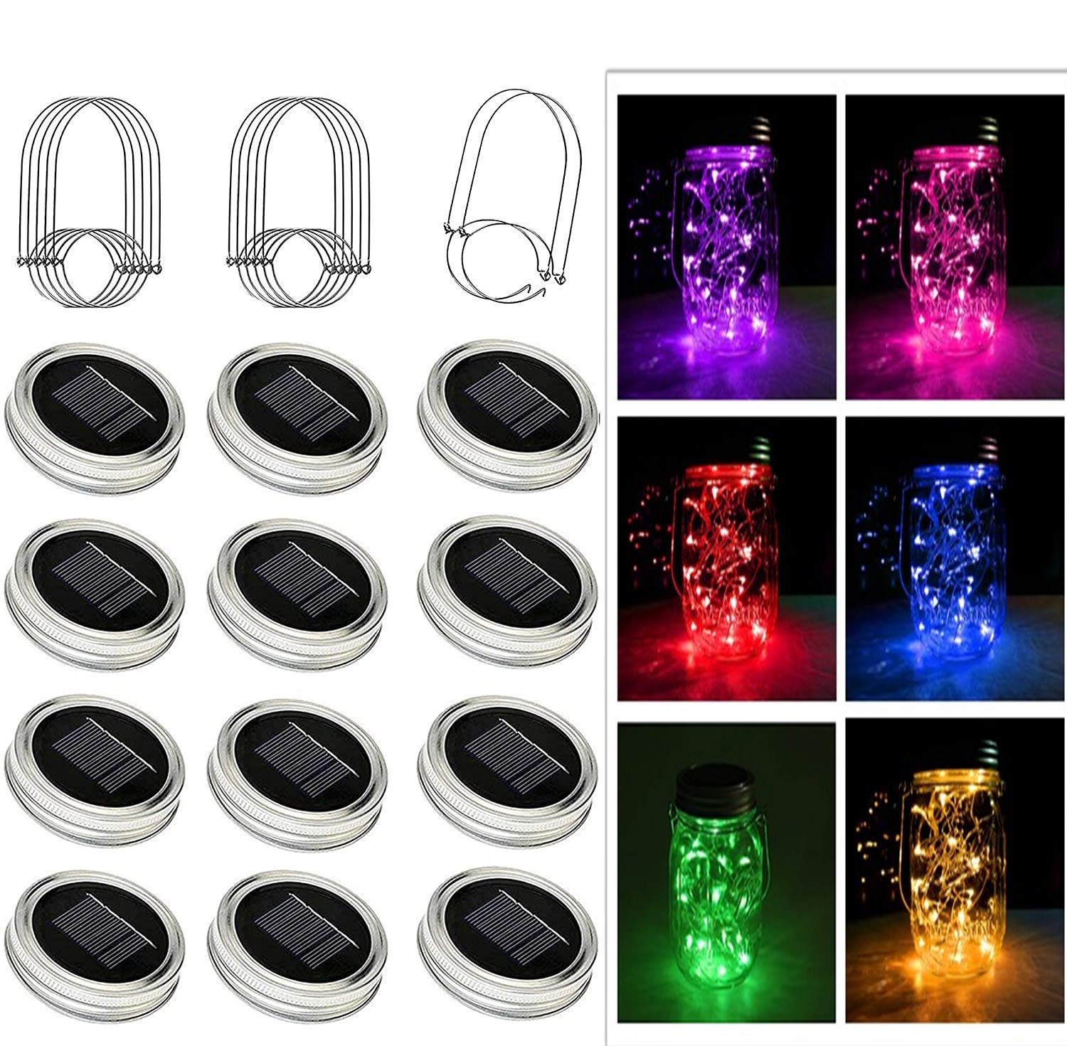 ZNYCYE Mason Jar Solar Lights for Outside, 12 Pack 30Led Fairy Lights Mason Jar Solar Lids Outdoor Waterproof String Lights with Hanger (No Jars) Best for Patio Garden Yard Lawn Decor (6 Colors)