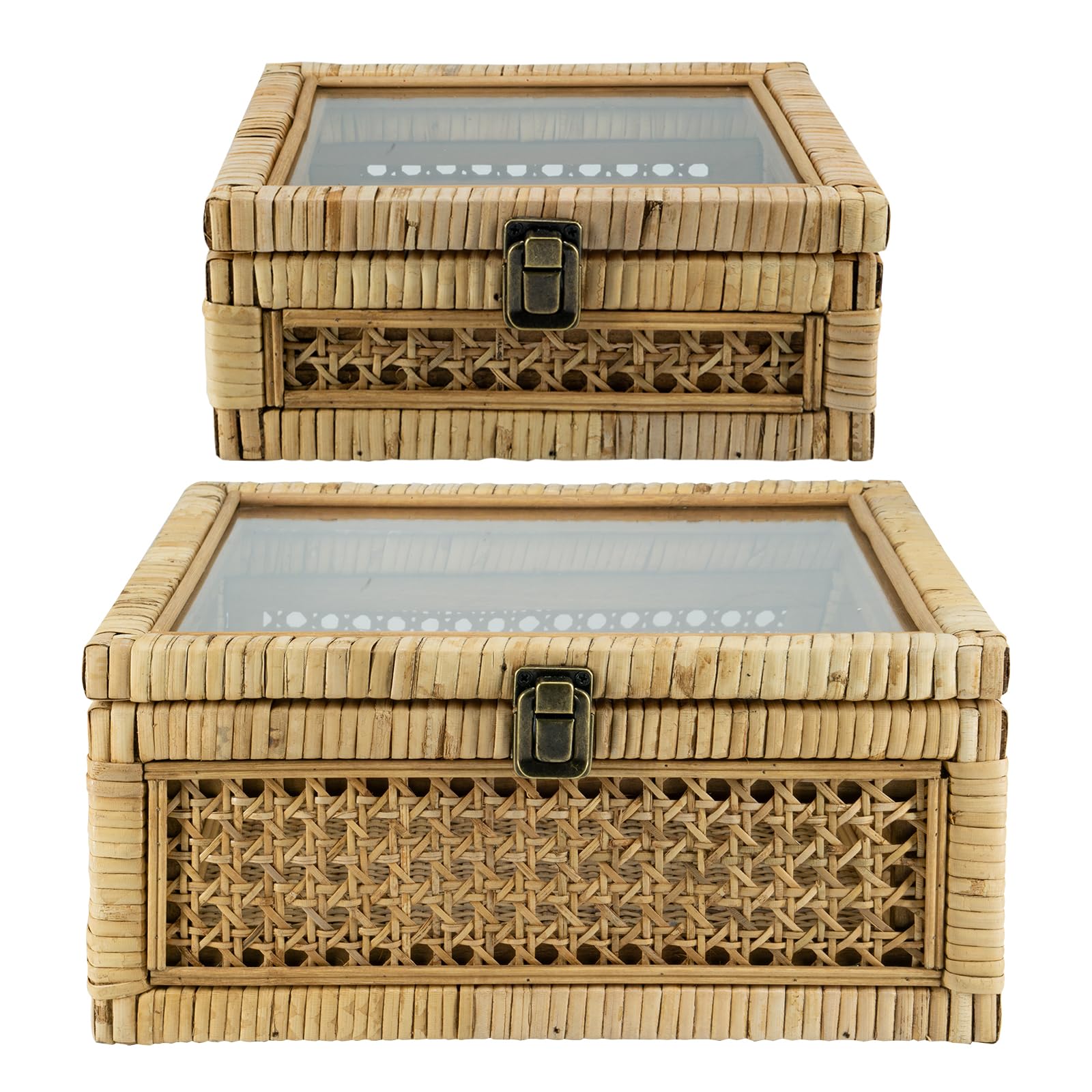 HUAXIN CRAFT H Rattan Decorative Box with Lid, Square Woven with Glass for Display, Set of 2 Wicker for Decor