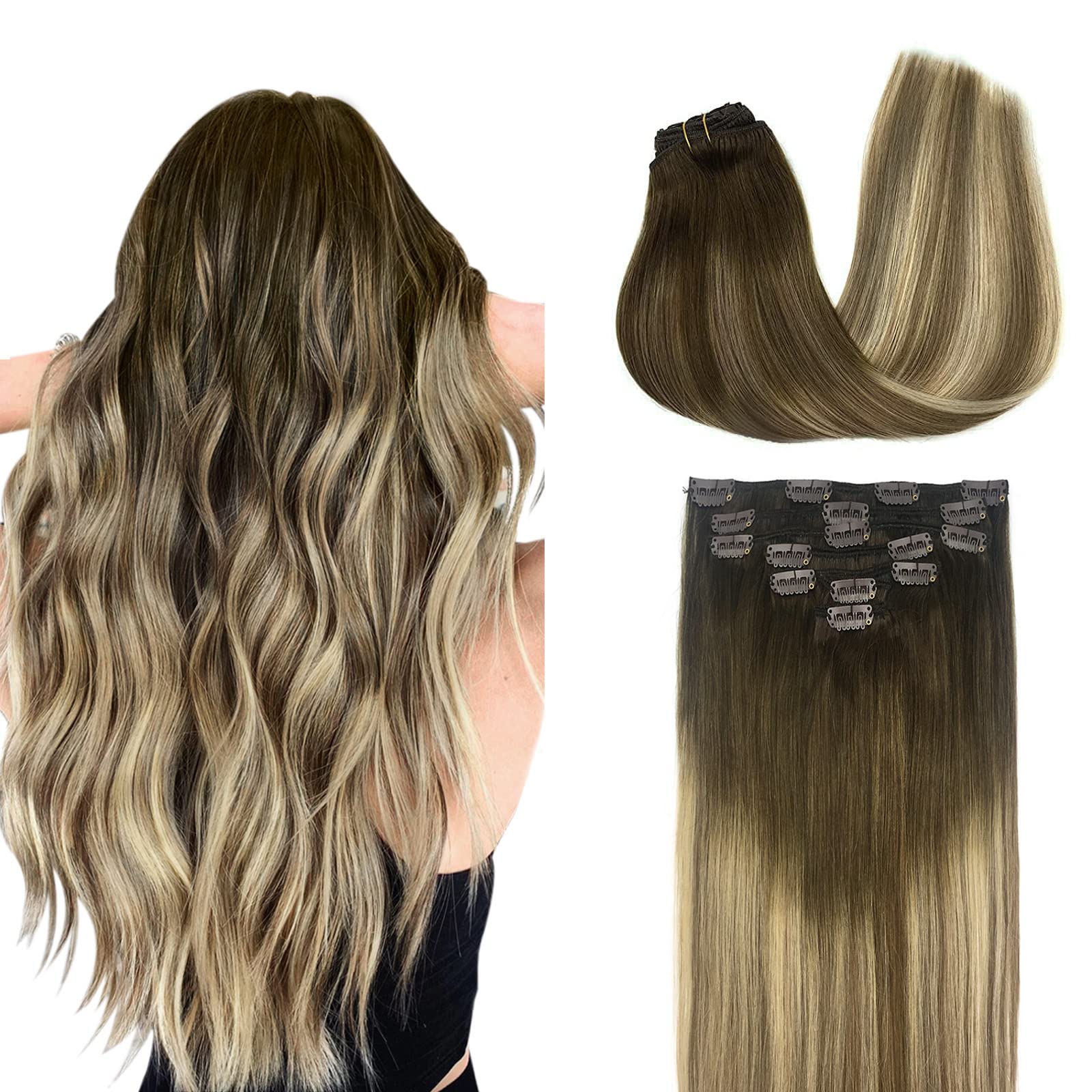 DOORES Hair Extensions Real Human Hair, Balayage Walnut Brown to Ash Brown and Bleach Blonde 120g 7pcs 18 Inch Remy Hair Extensions Clip in Human Hair Extensions Real Natural Hair Extensions Straight