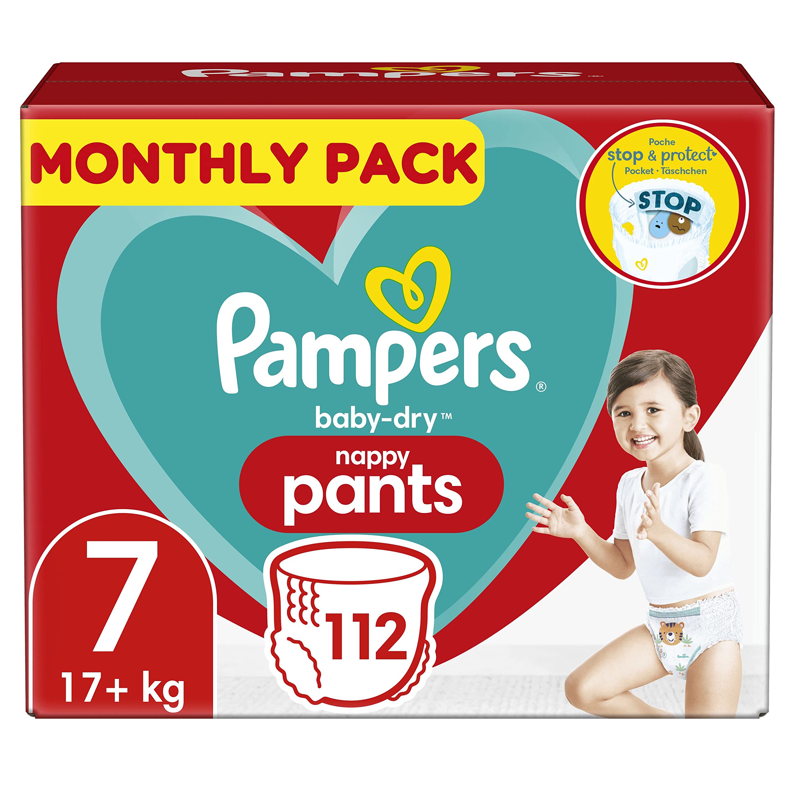 Pampers Baby Nappy Pants Size 7 (17+ kg/37 Lb), Baby-Dry, 112 Nappies, MONTHLY SAVINGS PACK, With A Stop & Protect Pocket To Help Prevent Leaks At The Back